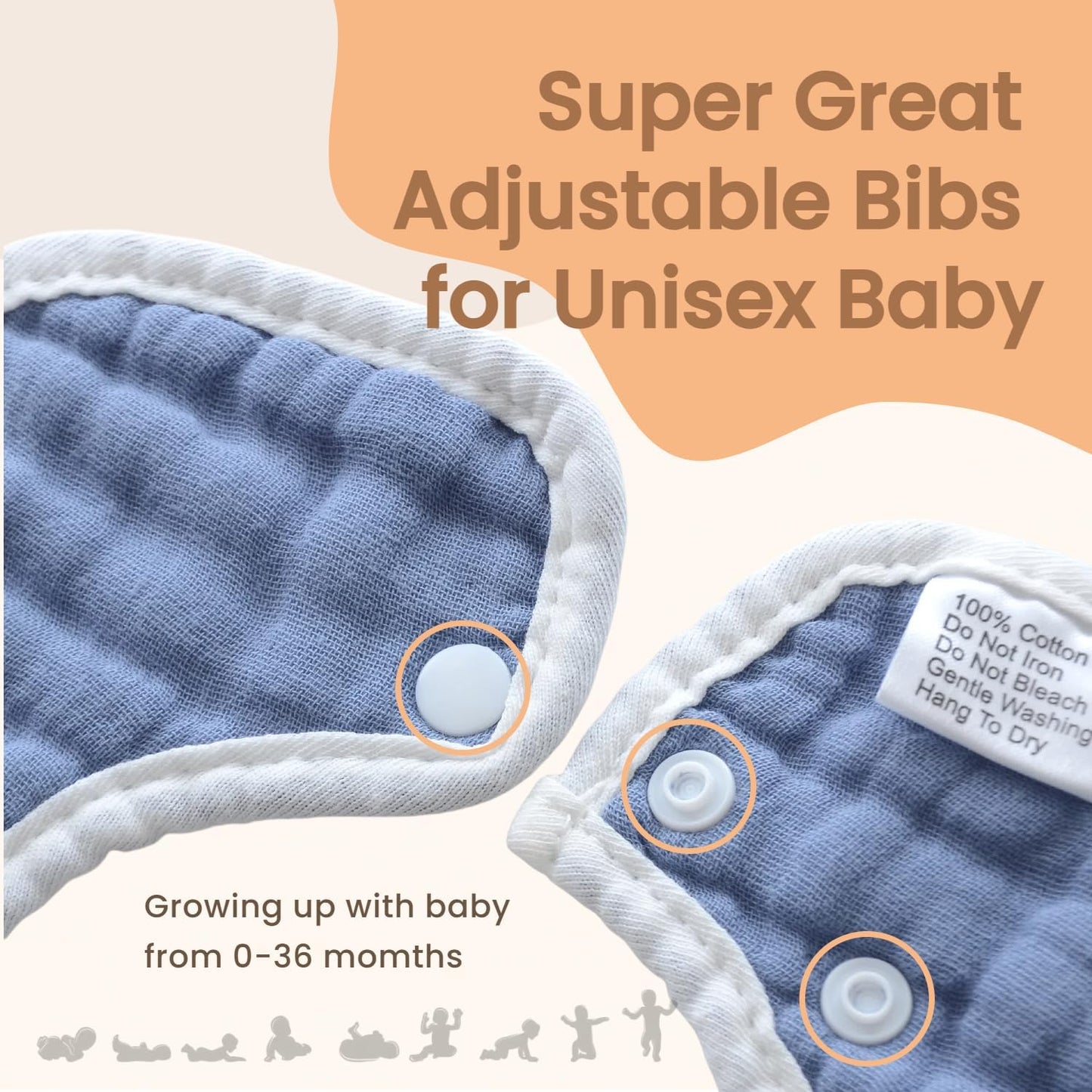 MUKIN Baby Drooling Towel, Snap Bibs, Muslin Bibs, 6 Pack, Adjustable, Soft Cotton