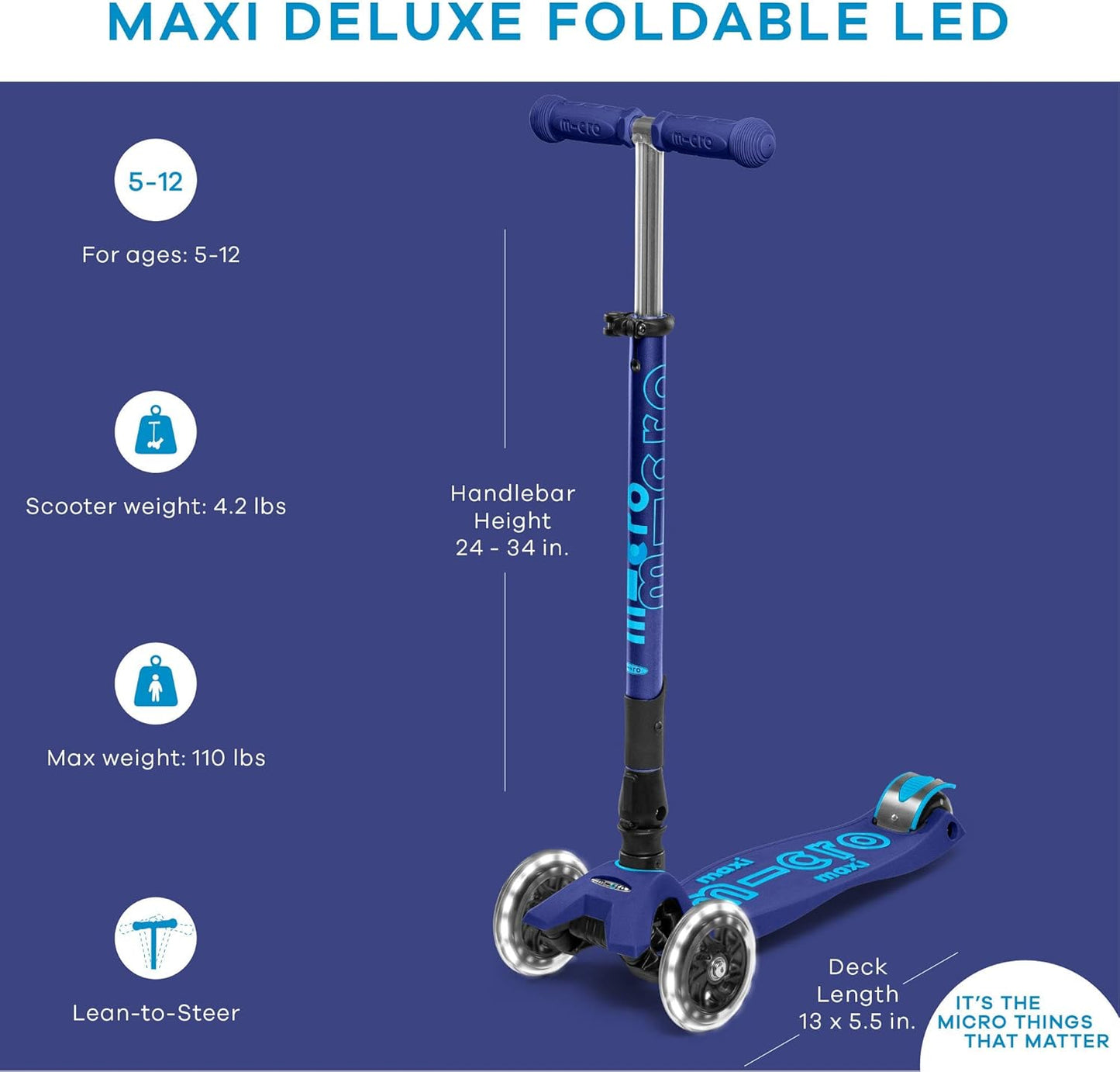 Micro Kickboard - Maxi Deluxe Foldable LED - Three Wheeled, Lean-to-Steer, Fold-to-Carry Swiss-Designed Micro Scooter for Kids with Motion-Activated Light-Up Wheels for Ages 5-12
