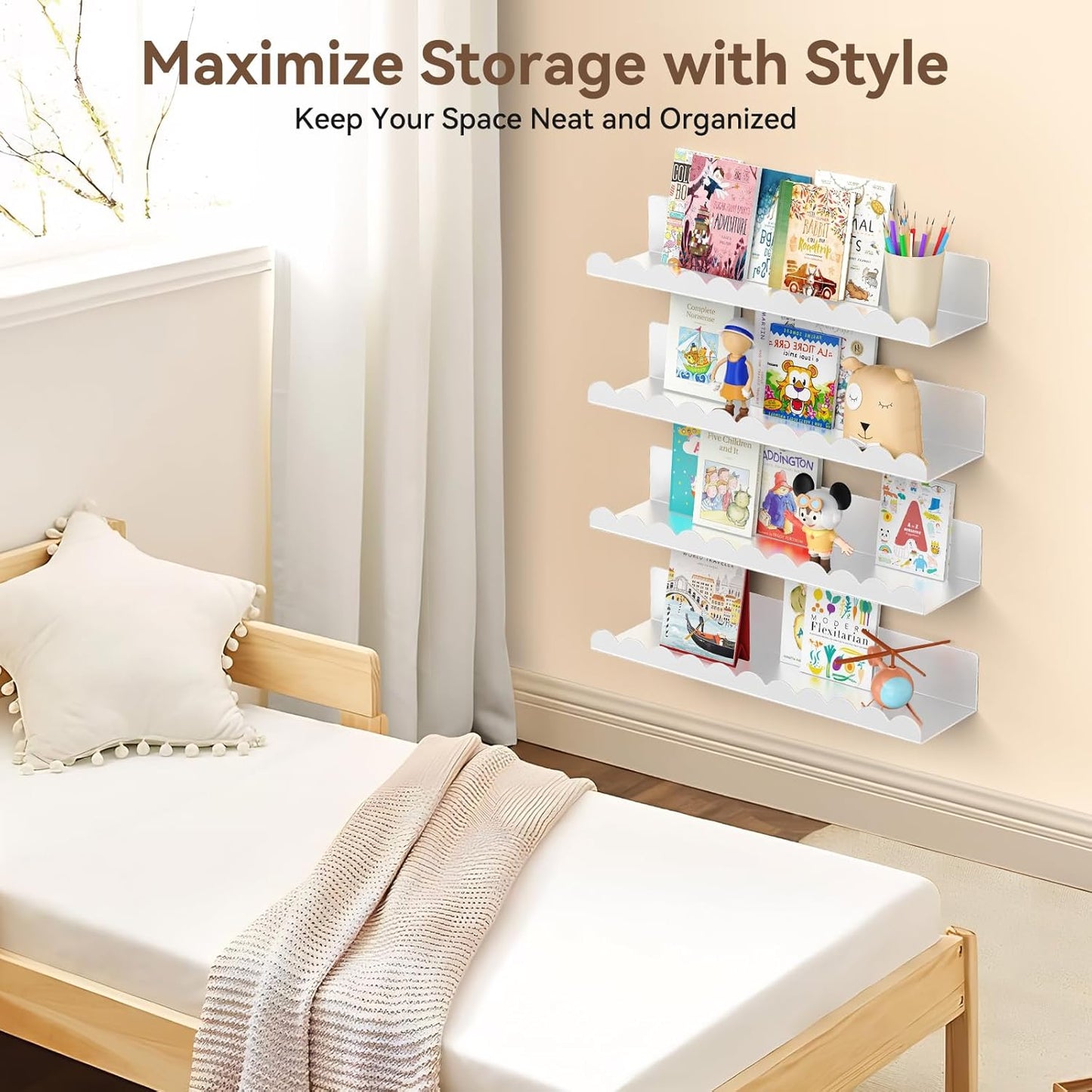 Nursery Book Shelves, 17 Inch White Metal Floating Shelves for Wall 4 Pack, Wall Mounted Book Shelf for Kids Room, Bedroom, Bathroom, Playroom Decor