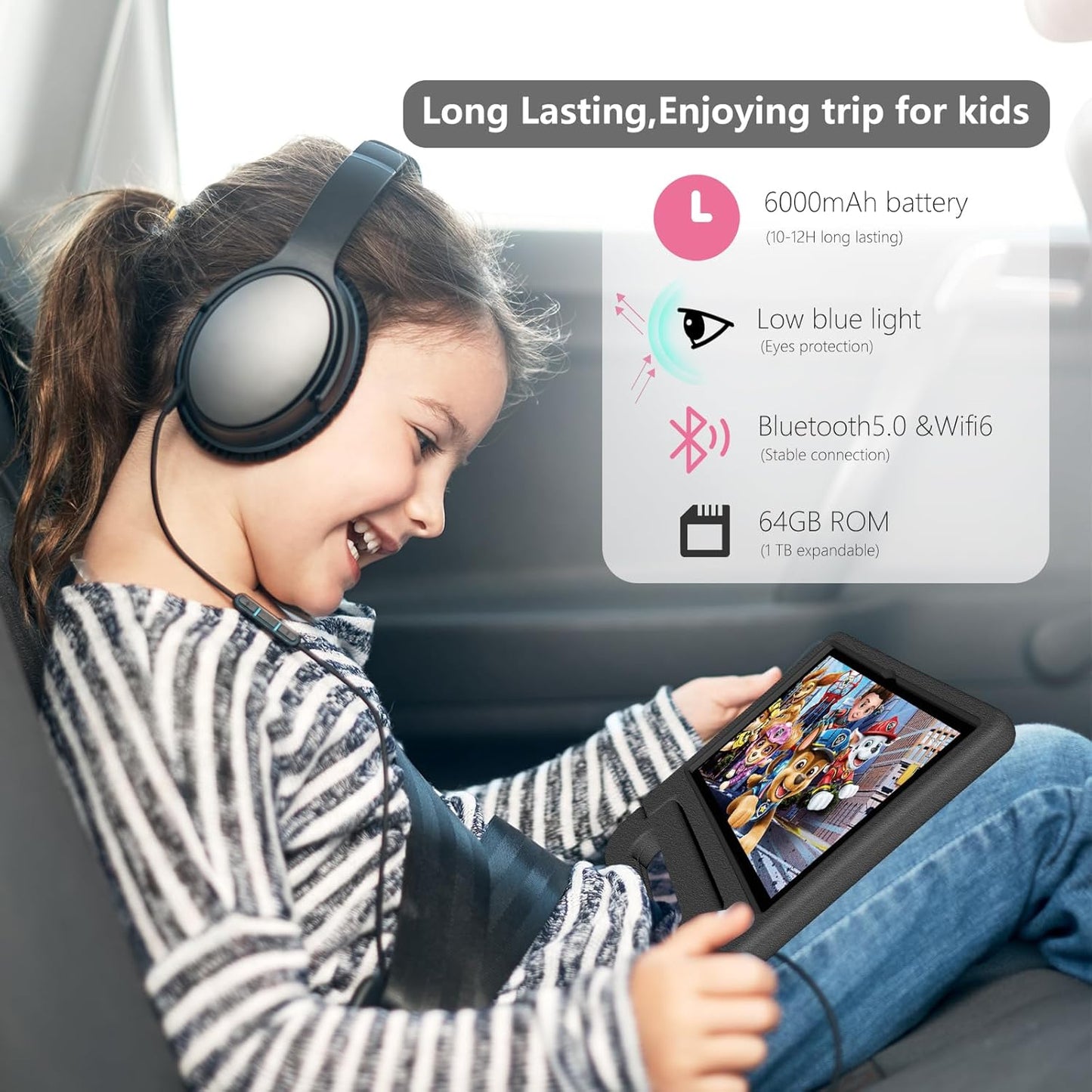 Tablet for Kids Age 3-12 10.1 inch Android 14 6000mAh 8GB RAM+64GB ROM(Expandable to 1TB Kids Tablet WiFi6 Google Kids Space Parental Control 1280 * 800 HD Screen - Black