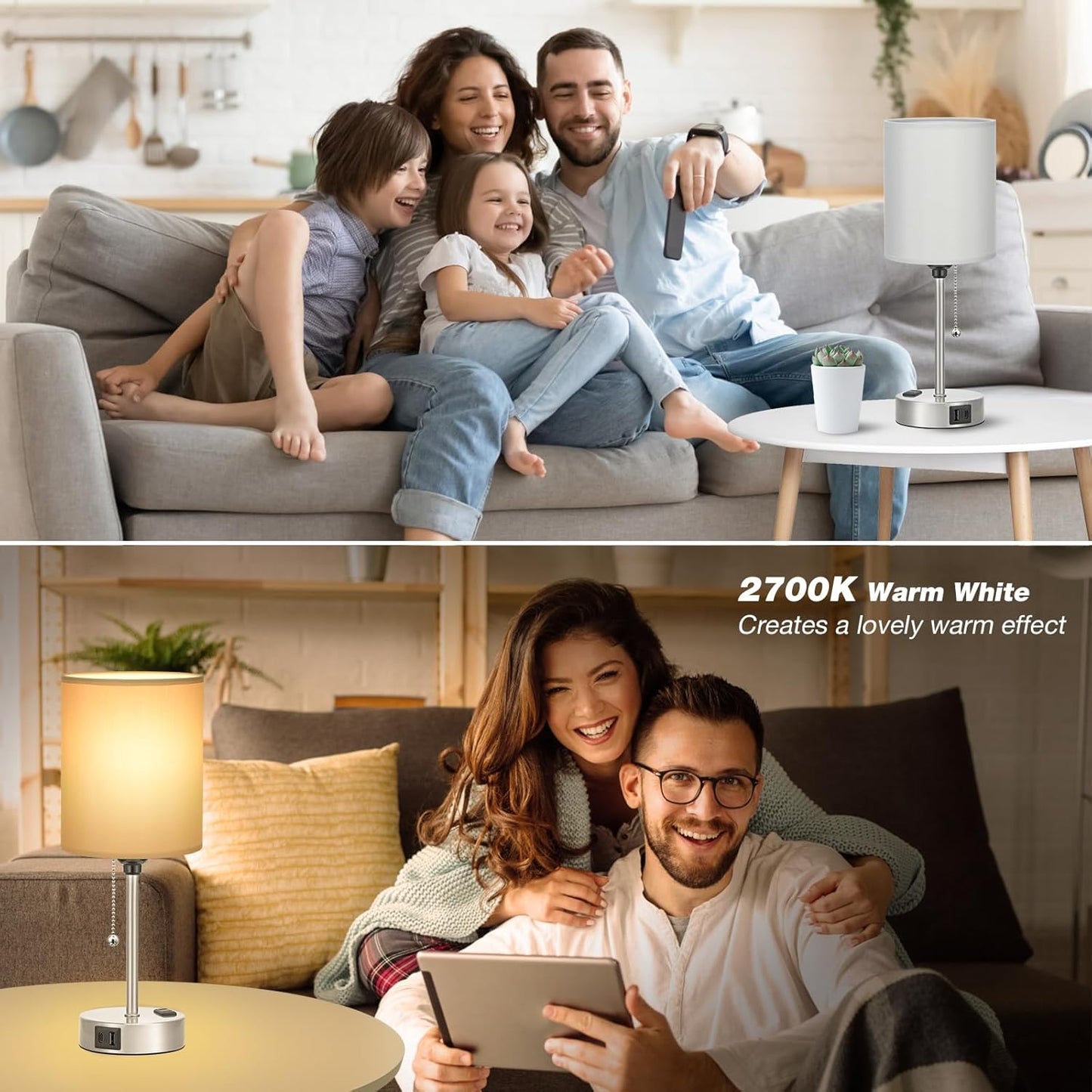 Grey Bedroom Lamp for Nightstand - 3 Color Temperature Table Lamp with USB C and A Ports, Pull Chain Bedside Lamp with AC Outlet, Desk Lamp with Silver Metal Base for Kids Girls