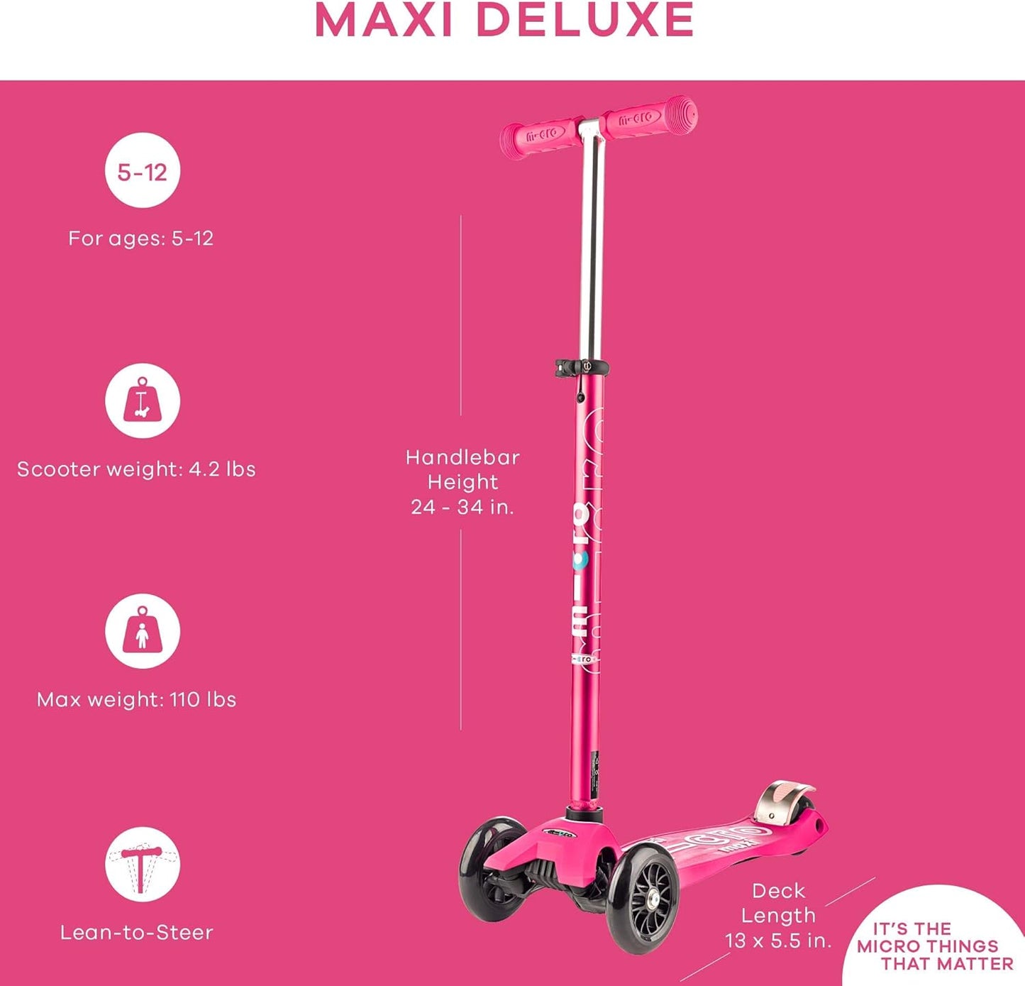 Micro Kickboard - Maxi Deluxe 3-Wheeled, Lean-to-Steer, Swiss-Designed Micro Scooter for Kids, Ages 5-12