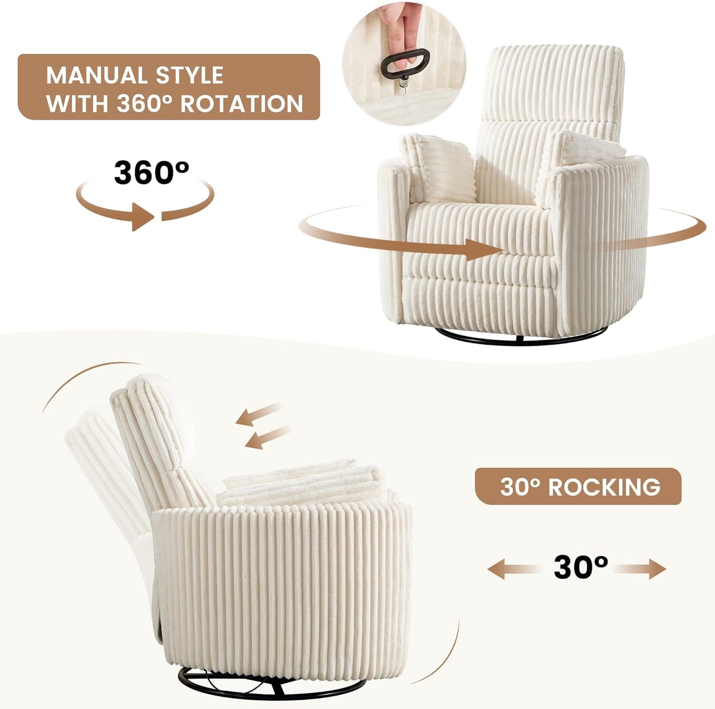 Recliner 360°Swivel Glider Rocking Chair, Upholstered Nursery Adult Rocking Chair with 2 Pillows for Living Room Bedroom (Beige Corduroy, Manual Operation)