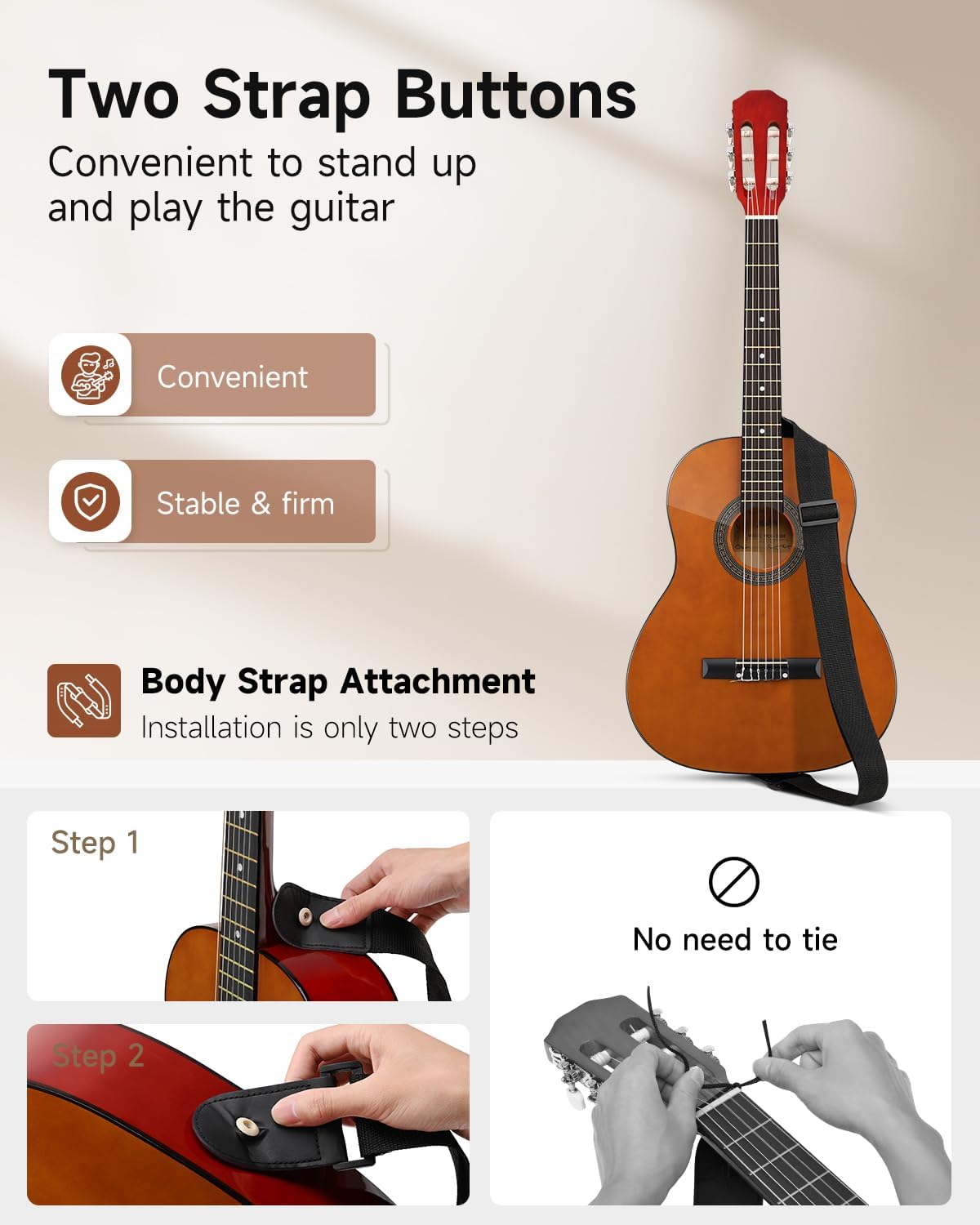 Moukey 36" Acoustic Guitar for Beginners Kids Youth 3/4 Size Dreadnought Travel Guitarra Acustica Kit with Chord Poster, Gig Bag, Tuner, Picks, Nylon Strings, Capo, Strap - Brown