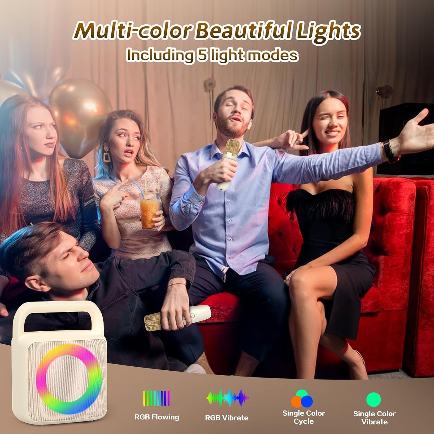 Karoke Machine with 2 Wireless Mics,Portable Karaoke Microphone Toys with Colorful Lights and Magic Voices for Camping Party, Birthday Gift for Boys Girls Teenages Adults