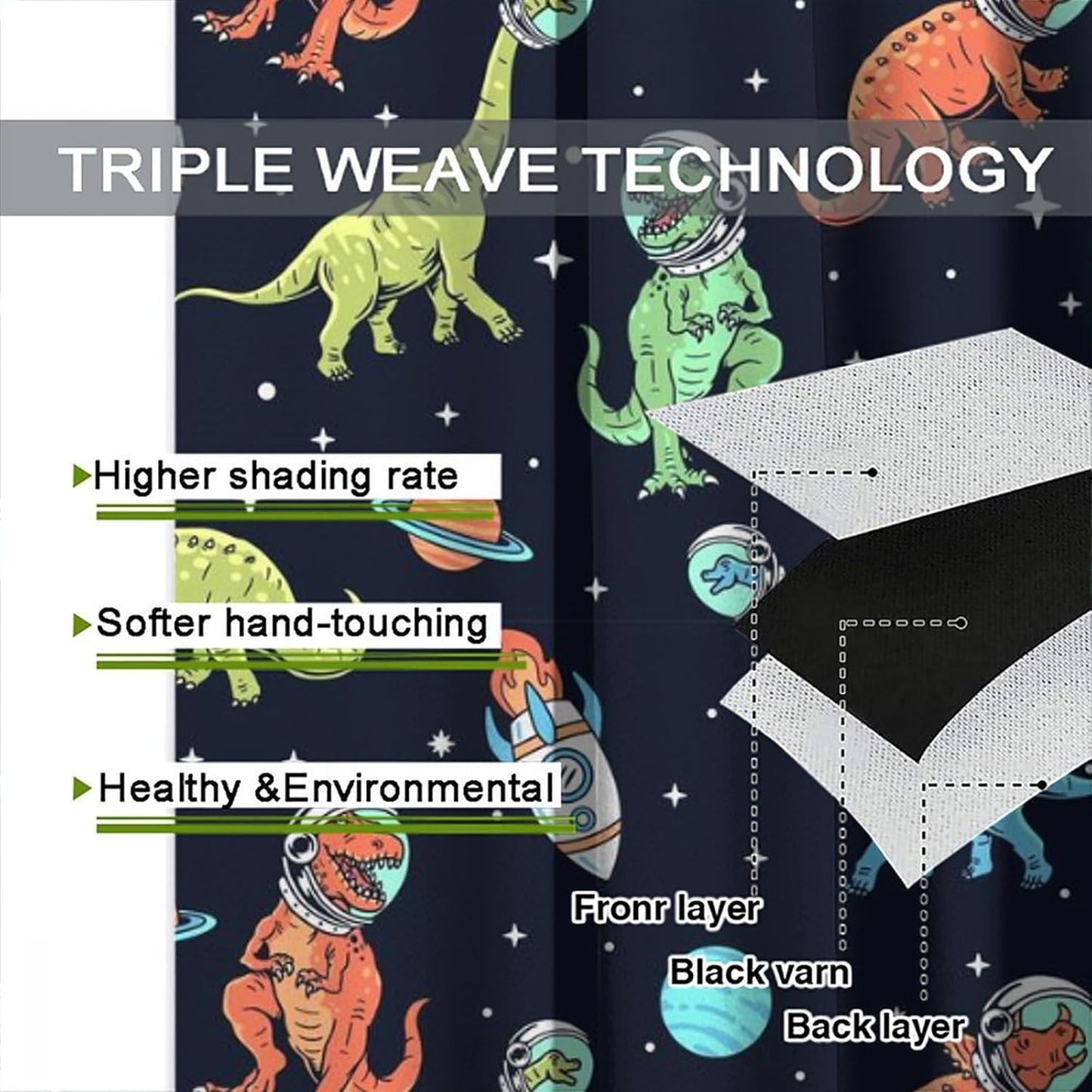 Cartoon Dinosaur Curtains for Kids Boys Girls Home Decor, Astronaut Rocket Funny Outer Space Blackout Rod Pocket Window Drapes for Bedroom Living Room W21xL45in Decor