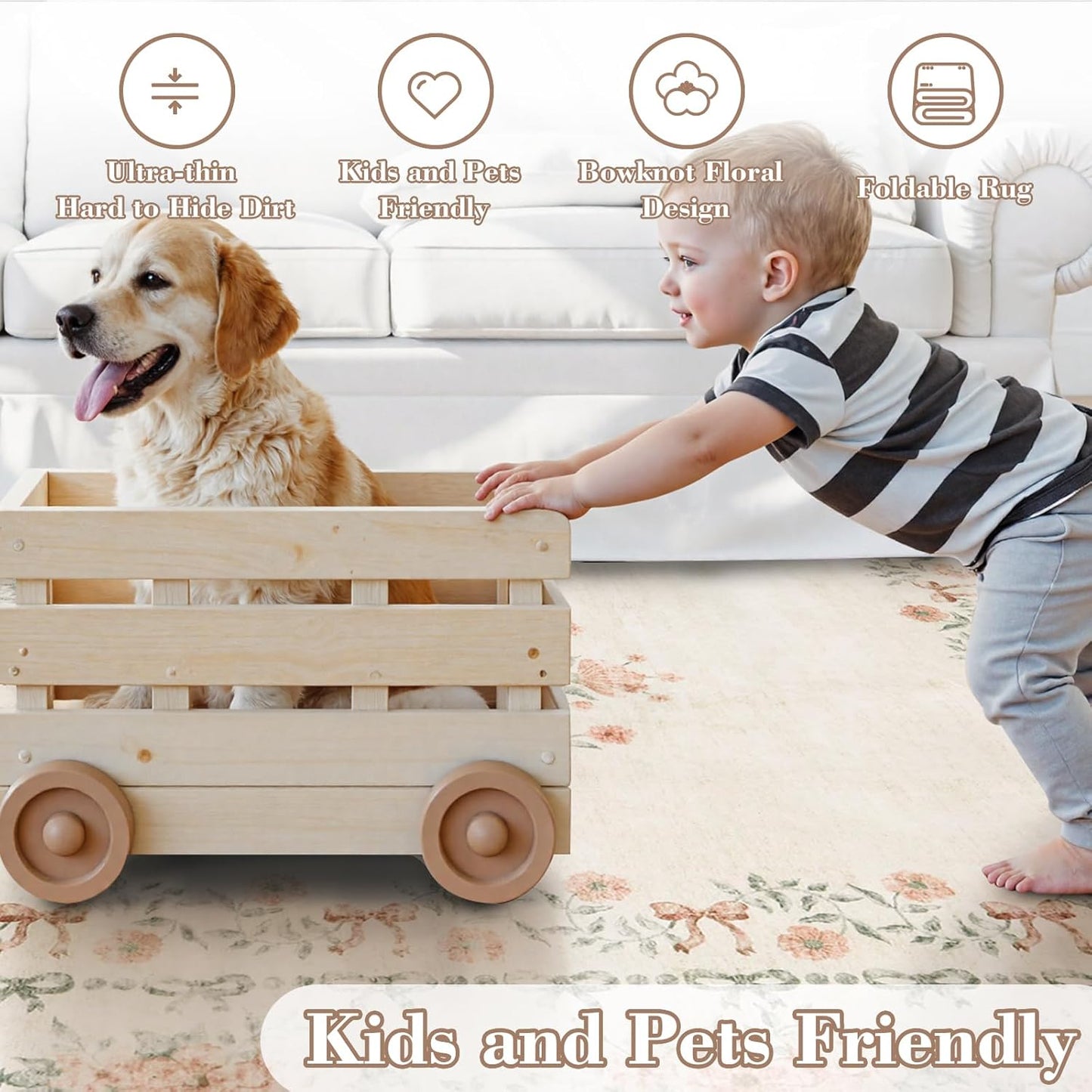 Wonnitar Floral Bow Washable Area Rug 5x7, Ultra-Thin Beige Rugs for Bedroom, Boho Non Shedding Neutral Soft Carpet for Nursey Kids Room Dorm Living Room, Beige