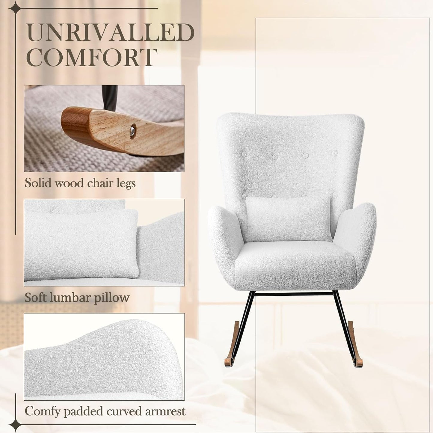 Waleaf Teddy Upholstered Rocking Chair, Indoor Glider with High Backrest, Padded Seat Nursing Chair for Bedroom (Ivory)