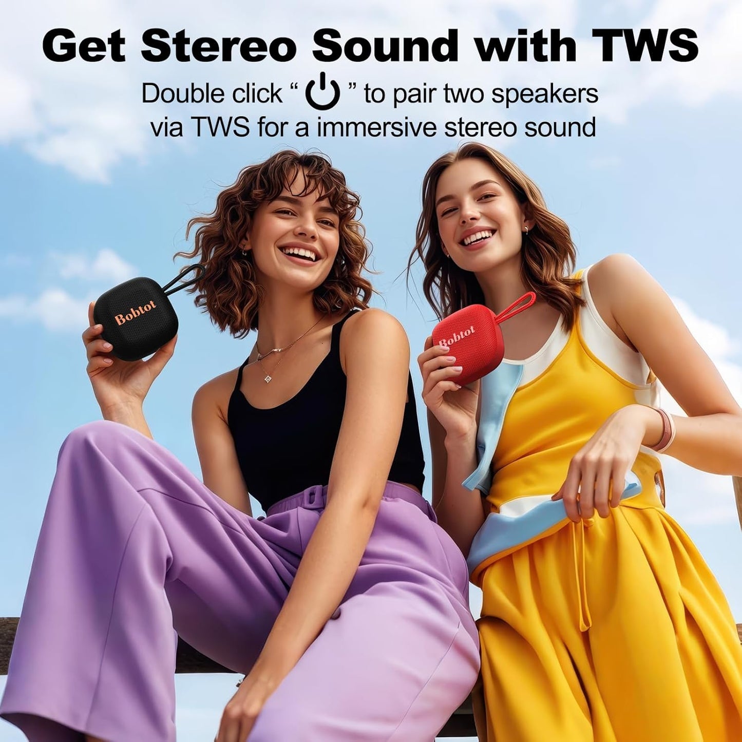 Bobtot Portable Bluetooth Speakers Wireless, IPX7 Waterproof Mini Speaker with 16 Hours Playtime, Loud Stereo Sound, TWS, Built-in Microphone, Small Size for Travel Sport, Black