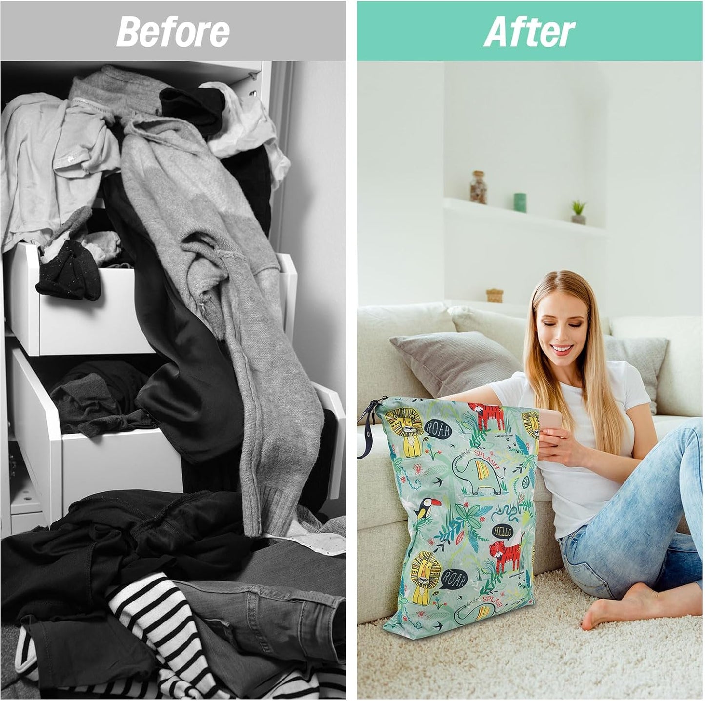 MissBoy Laundry Bags, 2 Pack Waterproof Travel Laundry Bag, Reusable and Washable Dirty Clothes Storage Bag with Zip Closure for Home, Travel, Camping, Caravan, Dormitory, 24"x17"