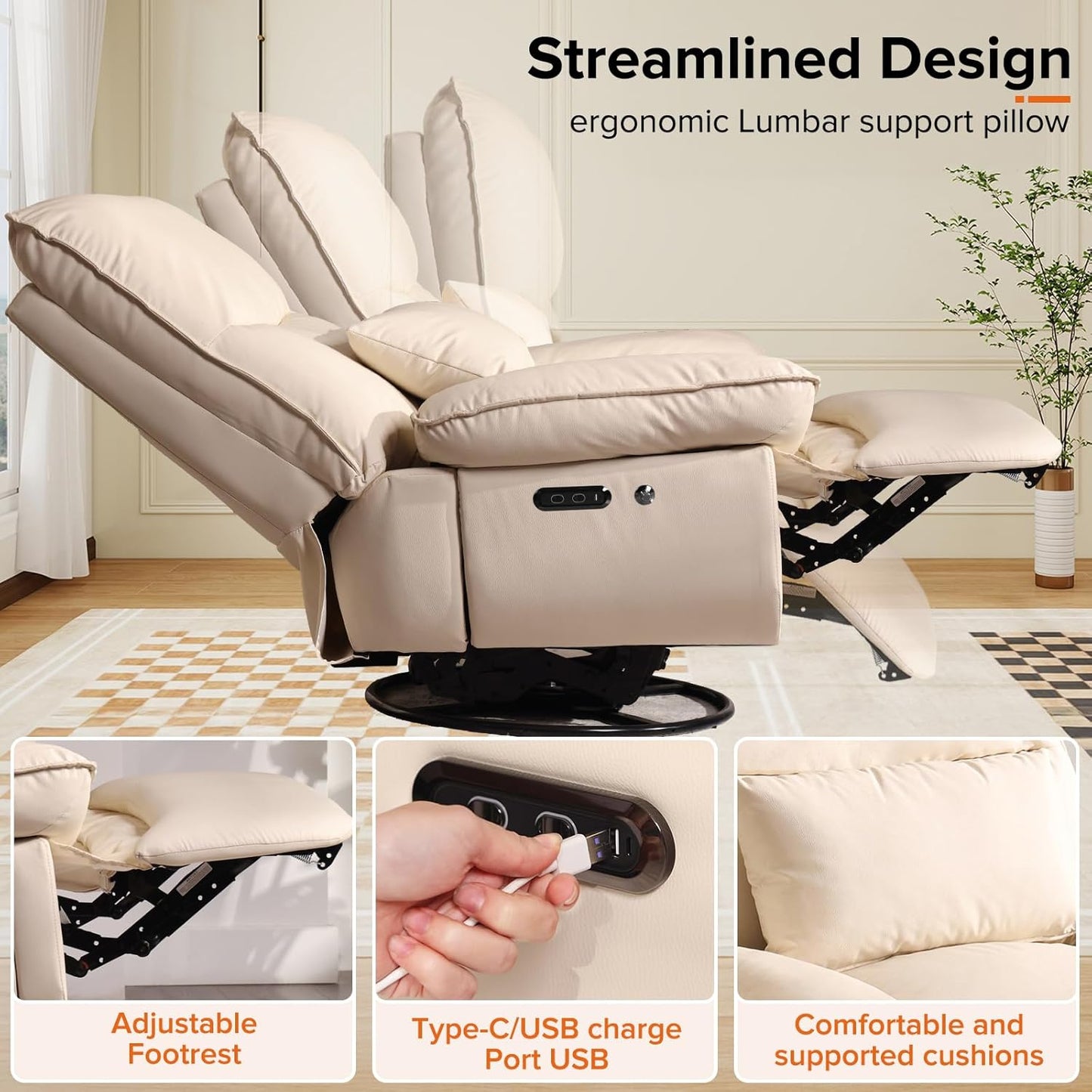 Rocking Chair Nursery with Power Adjustable, Electric Glider Recliner Nursing Chair for Breastfeeding with USB Port and Storage (Beige)