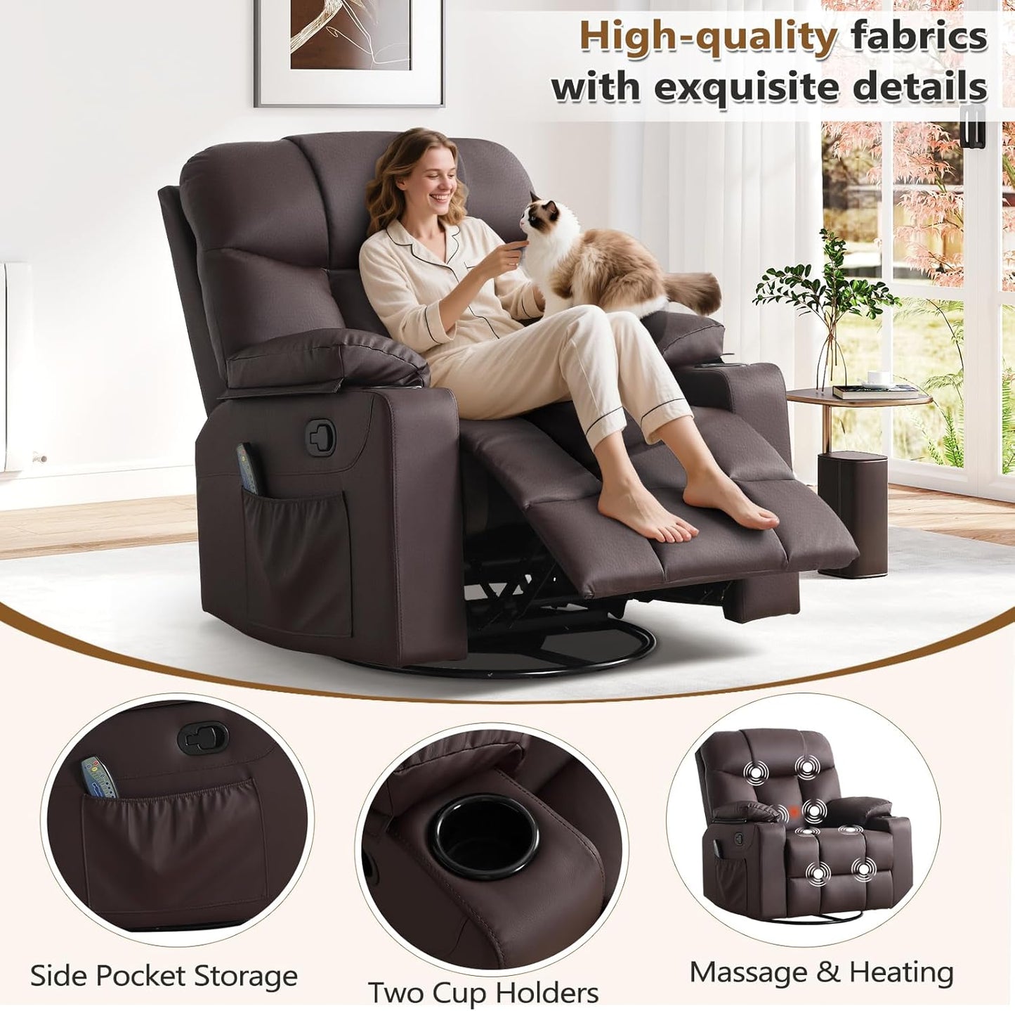 ANJ Swivel Rocker Recliner Chair Set of 3, Brown PU Leather, Manual 3-Position Reclining with Massage & Heat, Cup Holders for Living Room