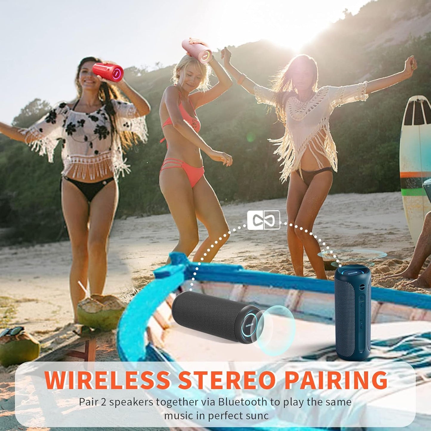 SOWO Portable Bluetooth Speaker, IPX7 Waterproof Wireless Bluetooth Speaker, Bassboom Technology, 25W Loud Stereo Sound, LED Light with TWS Pairing, 16H Playtime for Home and Outdoor -Blue