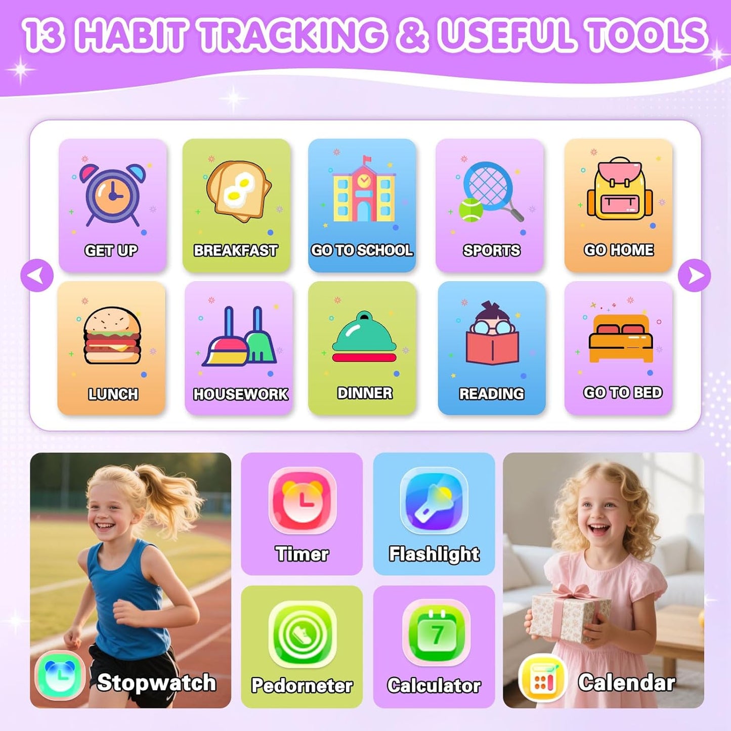 Smart Watch for Kids with 39 Games Touchscreen Camera Video, Music Player, Pedometer, Calculator, Calendar, Stopwatch, Flashlight, Alarm Clock 12/24 hr, Birthday Gifts Toys for Girls Ages 3-12