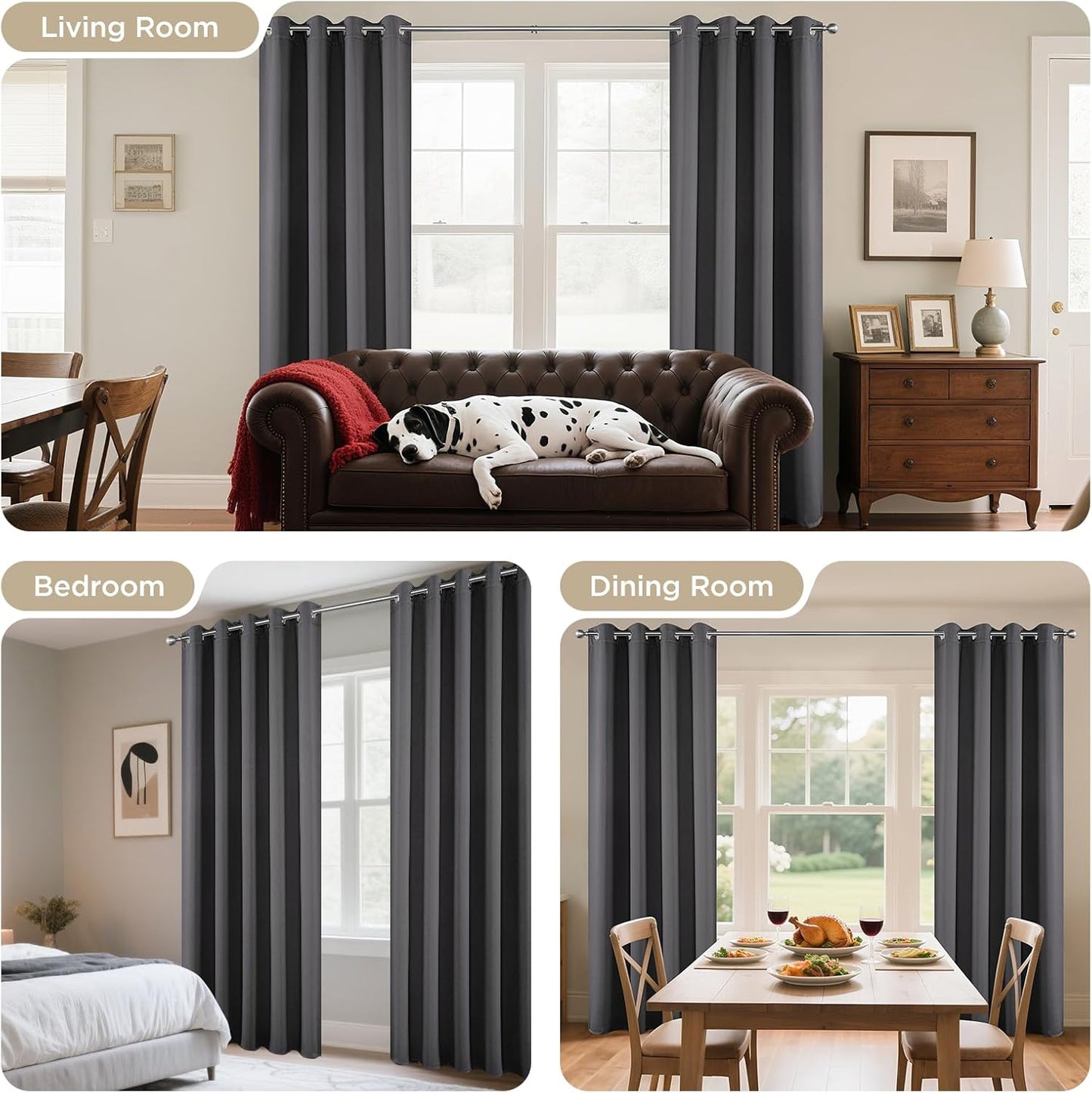 Joydeco Blackout Curtains 90 Inch Length 2 Panels Set, Thermal Insulated Long Curtains& Drapes 2 Burg, Room Darkening Grommet Drapes for Living Room Bedroom Window (W52 x L90 Inch, Dark Grey)