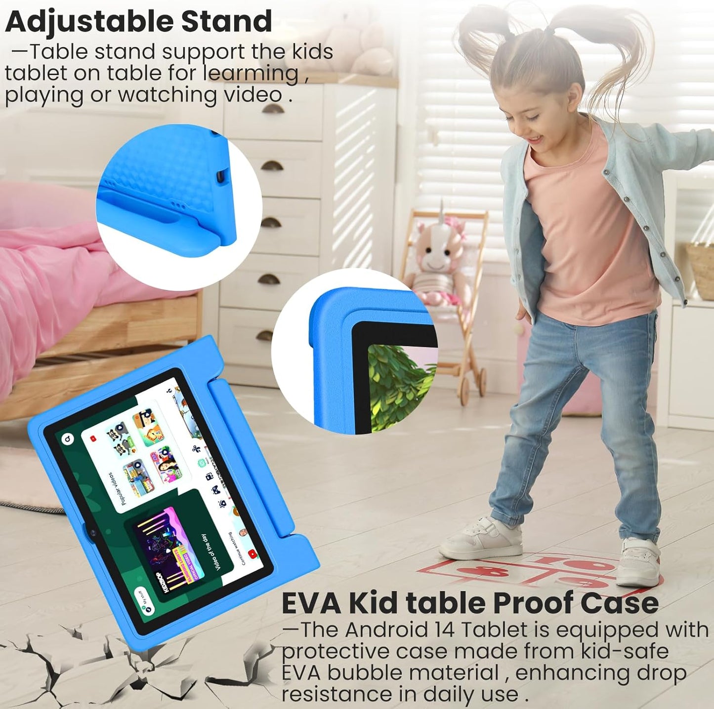 Kids Tablet 10.1 inch Android 14 Octa-Core 64GB 6000mAh Kids Space Parental Control 1280 * 800 HD Touchscreen Shockproof Case Dual Camera Gift for Toddler Children (Blue)