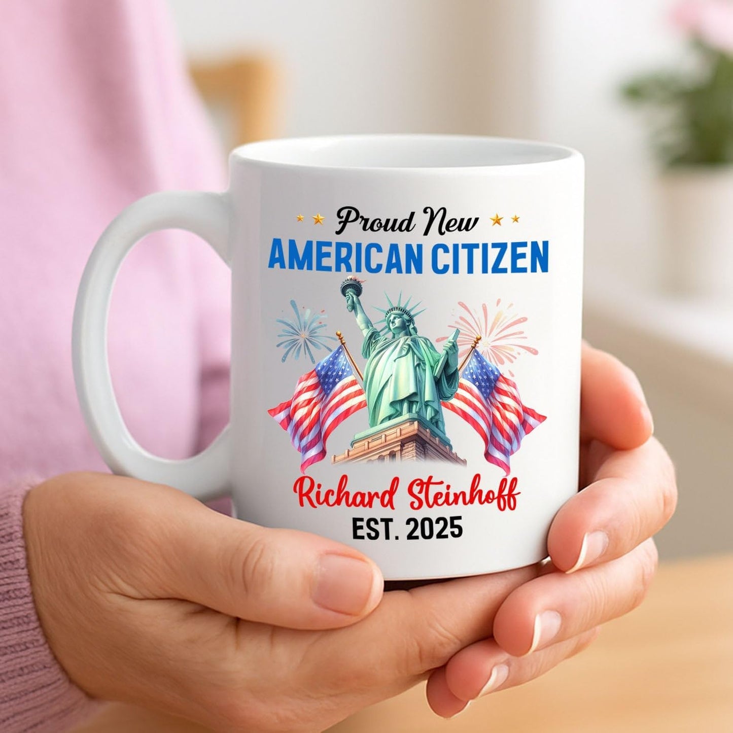 Proud New American Citizen Coffee Cup Gift For Daughter Son Dad Mom, Personalized Proud US Citizen White Coffee Mug With Year & Name, Customized Sunflower & USA Flag Mug, America Welcome Ceramic Cup