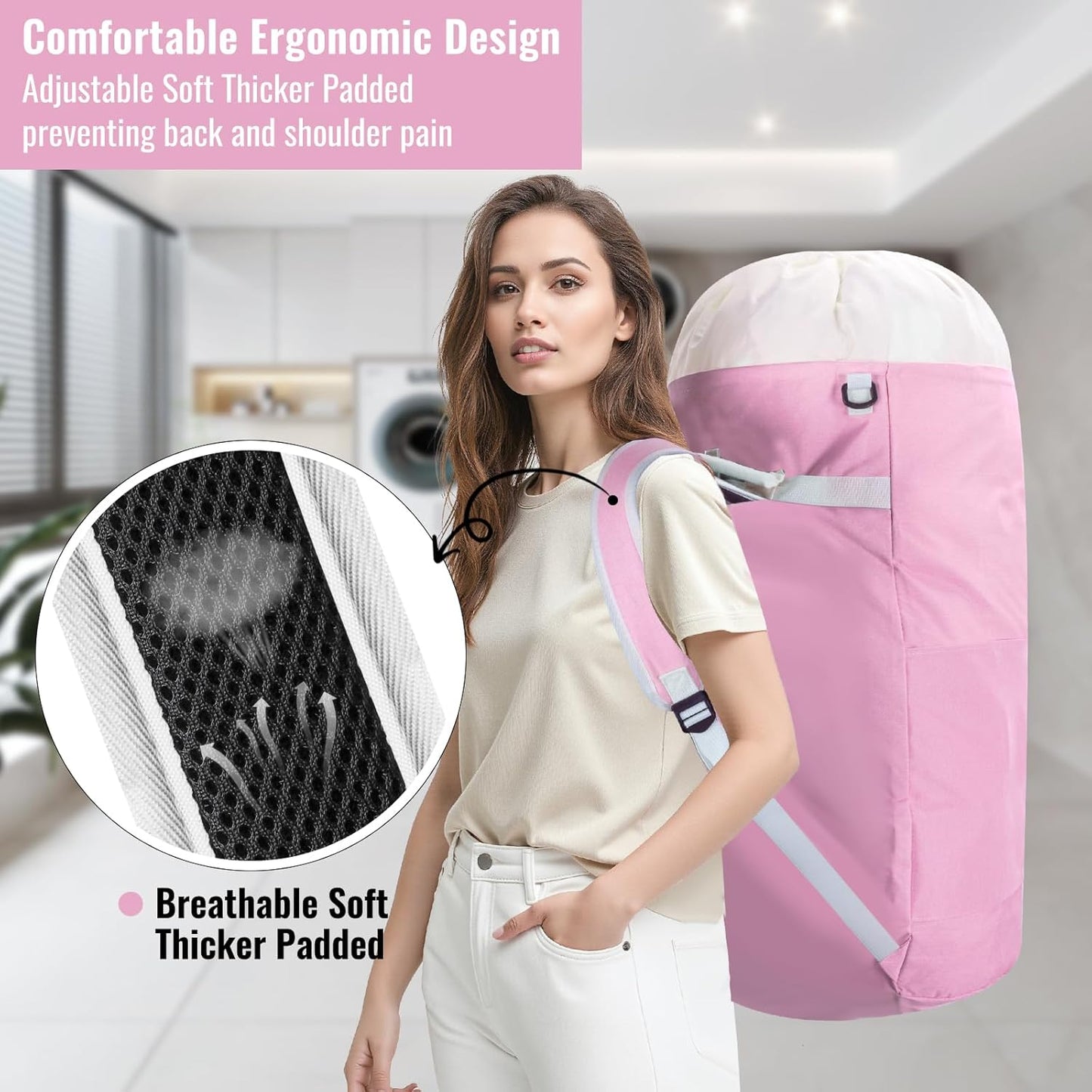 Laundry Bag Backpack, 125L Extra Large Travel with Shoulder Straps, Adjustable & Extendable Design, Laundry Hamper Bag with 3 Pockets for Laundromat, College, Travel, Camping (Pink)