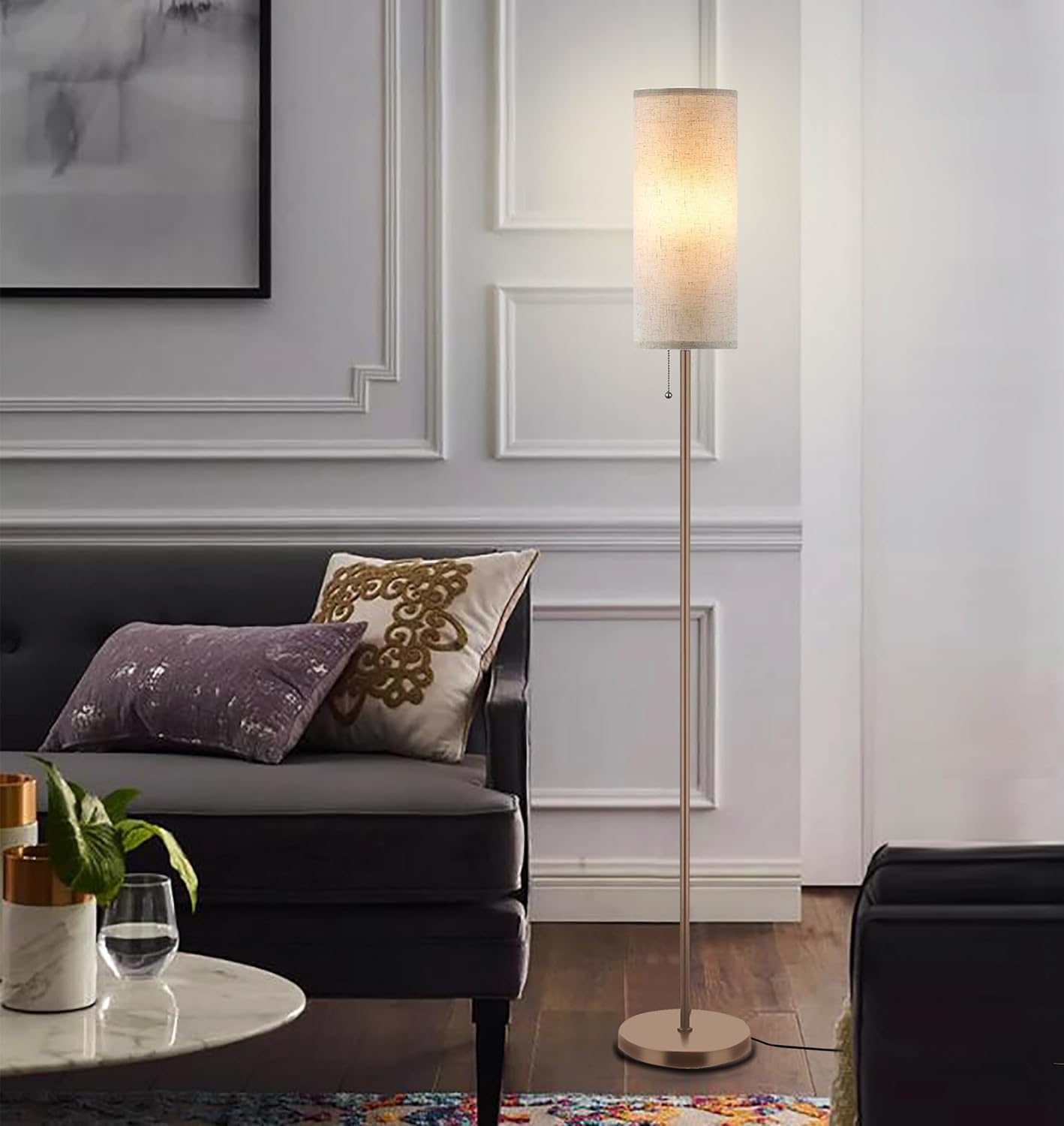 Floor Lamp for Living Room, Modern Standing Lamps with Lampshade, Minimalist Tall Lamp with Chain Switch for Living Room, LED Bulb Included (Beige+Brown)