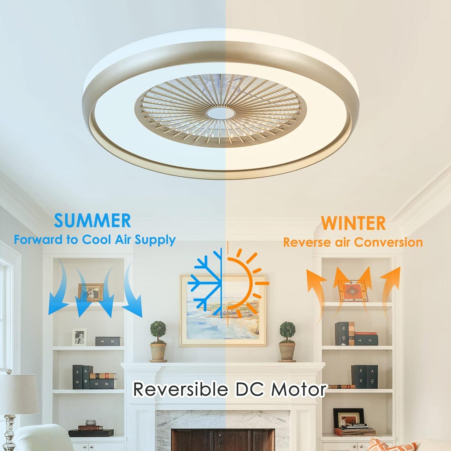 24" Bladeless Ceiling Fan with Light Remote, Smart LED Ceiling Fans with App Control, Modern Low Profile Dimmable Light Ceiling Fan for Bedroom Living Room Gold