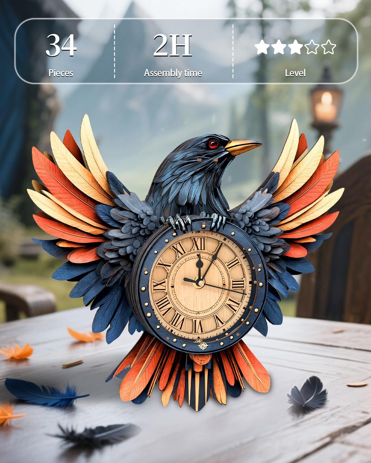 3D Wooden Puzzles for Adults,3D Puzzles for Adults Raven DIY Wall Clock Kit with Pendulum, 34 Pieces 3D Wooden Puzzles,Creative Gift Idea for Teens & Adults