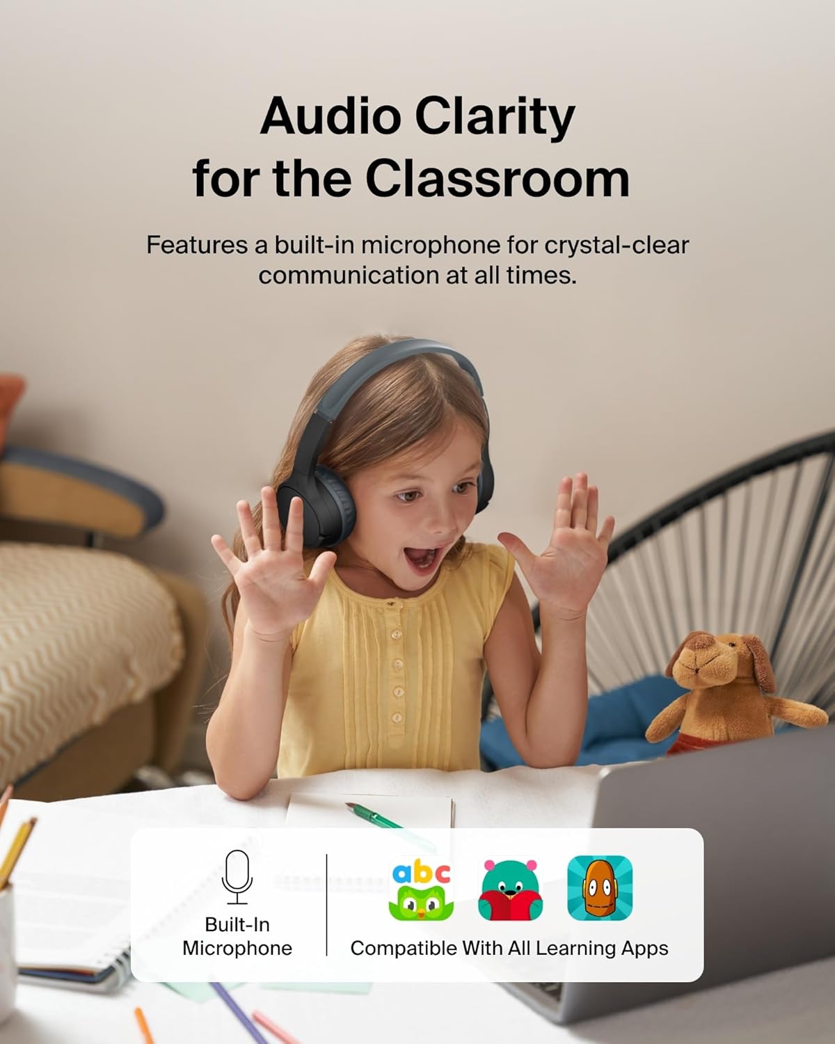Belkin SoundForm Mini Kids Wireless Headphones w/Built-in Microphone, 30H of Playback Time, & Fun Stickers - Over-Ear Headsets for Online Learning, School, Travel, iPhone, iPad, Galaxy & More - Black