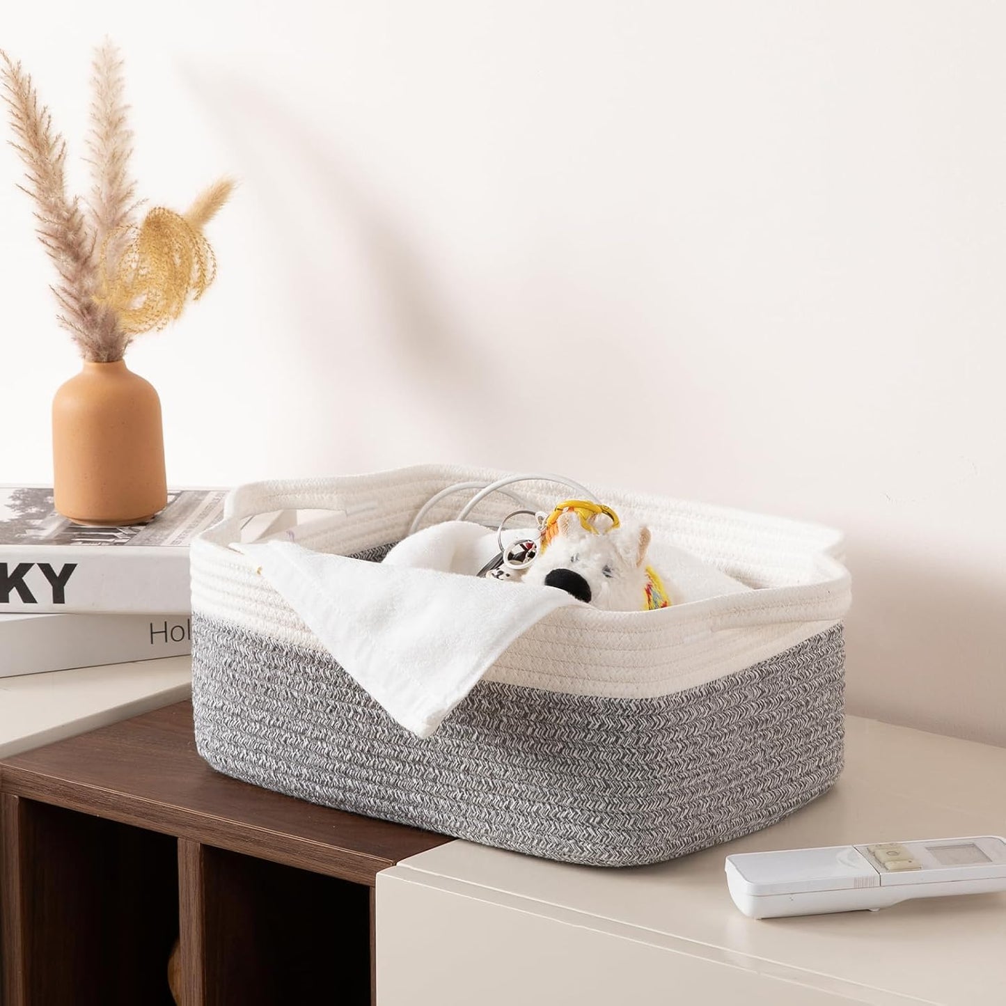 OIAHOMY 3 Pack Storage Baskets for Organizing, Woven Cotton Rope Basket for Shelves, Closet Organizer Bins with Handles, Rectangle Toy Organization, 13.78''×9.84''×5.5'', Grey & White