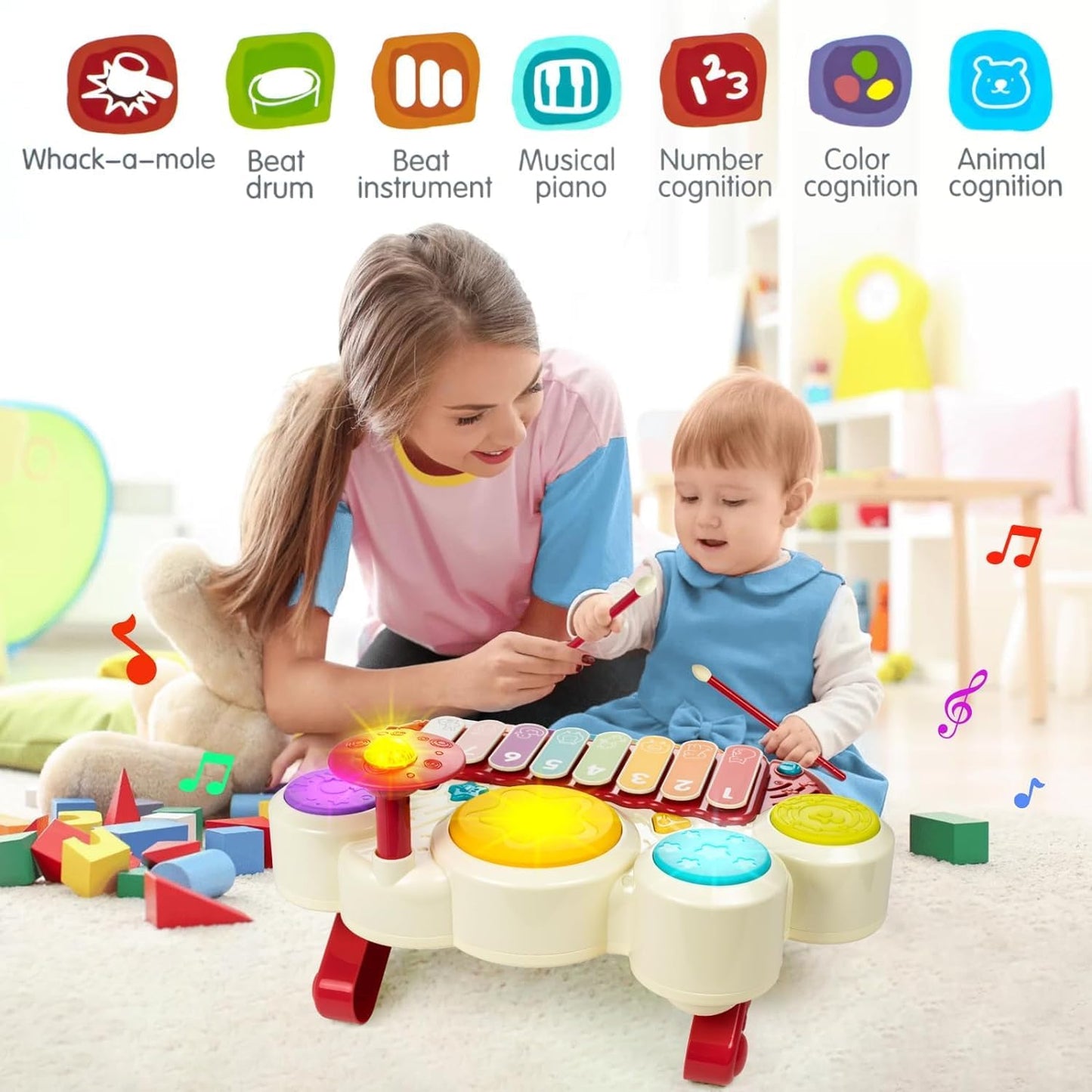 Marstone Baby Toys for 1 Year Old Girl Birthday Gifts: 5 in 1 Boy Musical Set for Toddler 1-2, Educational Learning Toys 12-18 Months with Piano, Xylophone, Whack a Mole, Drum Set, Sound and Music