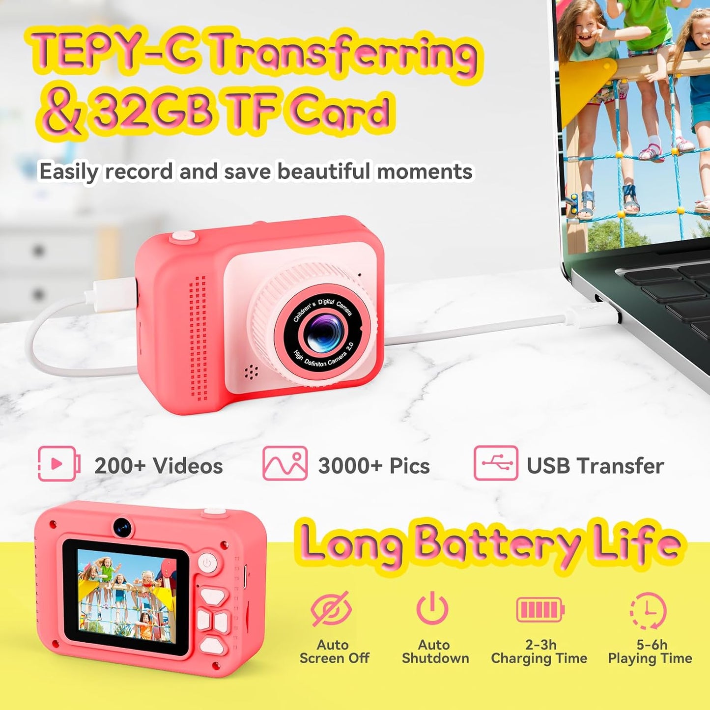 Kids Camera, 1080P Portable HD Digital Camera with 32G SD Card, Birthday Gifts for Girls 3 4 5+ Year Old