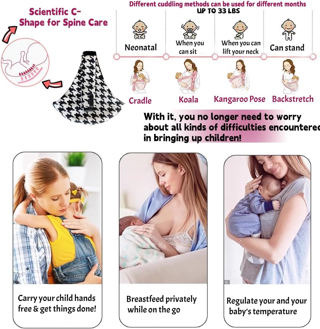 Baby Sling Carrier Adjustable Baby Sling 2025 Upgraded Toddler Sling Comfortable Baby Wrap Carriers Ergonomic-Designed, Travel Friendly Carrying 10-45 Lbs Blackwhite