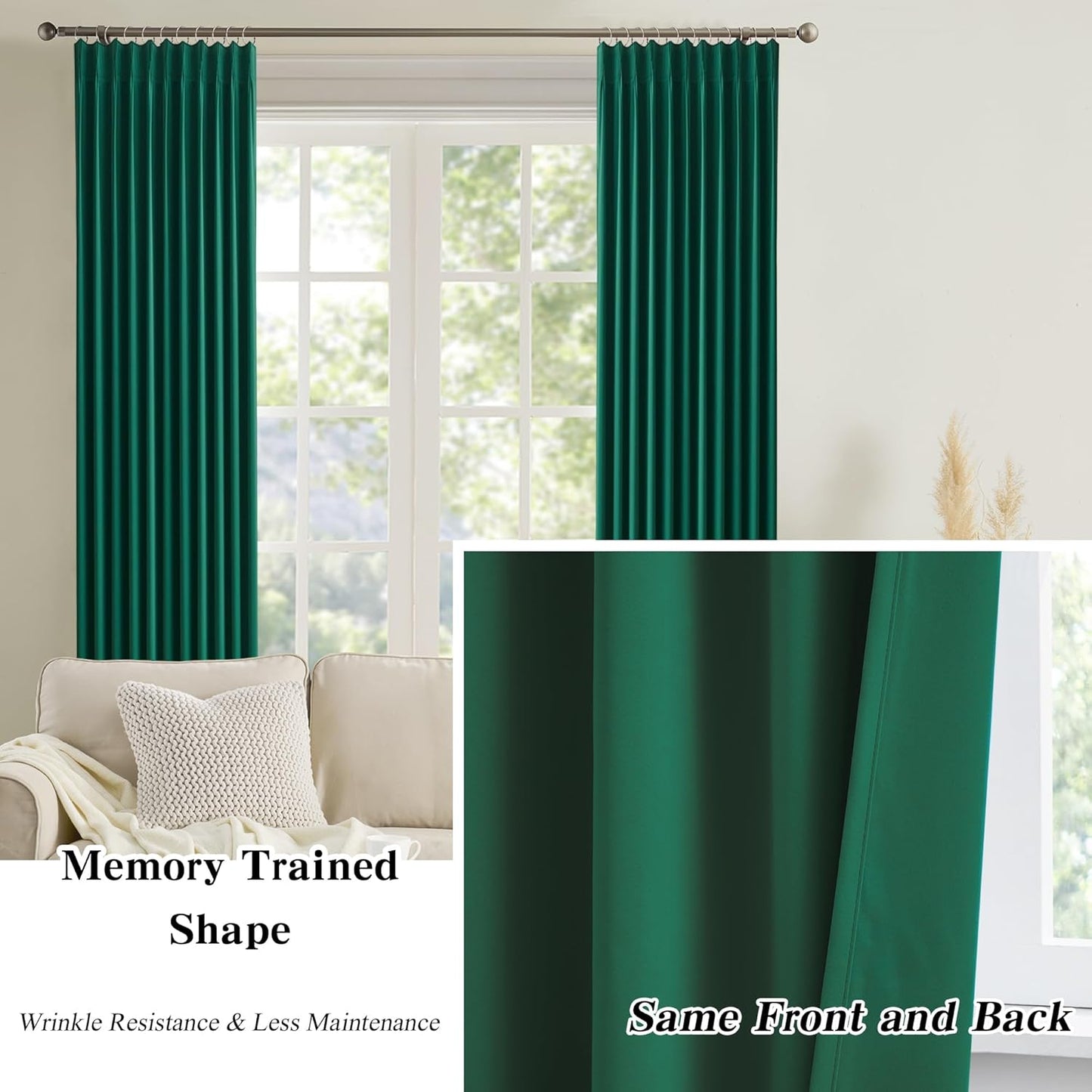 KEQIAOSUOCAI 92 Inch Dark Green Pinch Pleated Blackout Curtains for Living Room - Summer Decor Thermal Insulated Christmas Green Track Curtain with Hooks,40 x 92 Inches Long-2 Panels Set