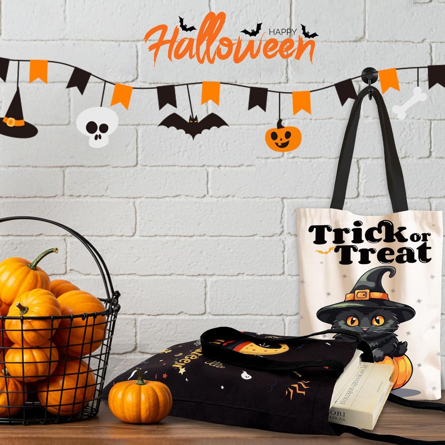 TYL&TYS Halloween Treat Bags, 3Pcs Trick or Treating Bags, Halloween Candy Canvas Tote Gift Bags (Trick or Treat, Cat, Pumpkin), Reusable Grocery Boo Basket Bag for Kids