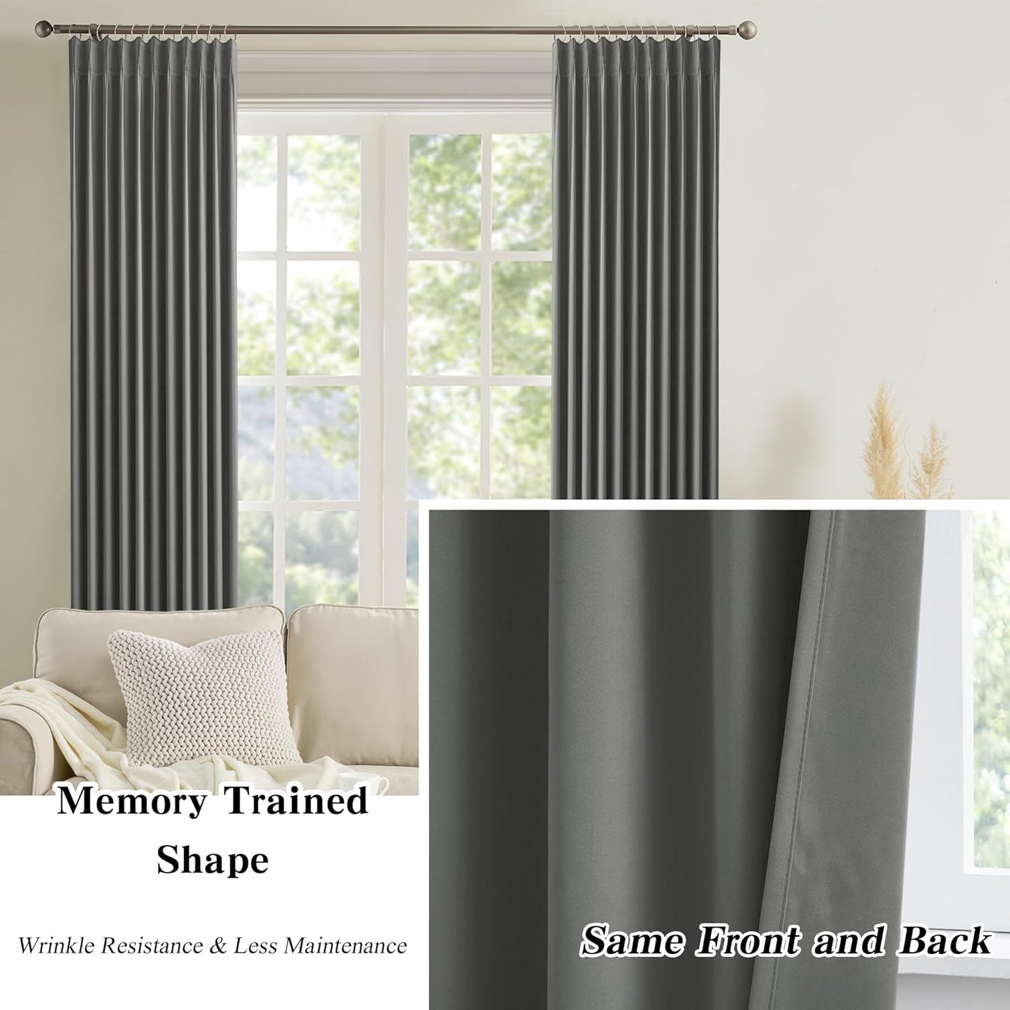 KEQIAOSUOCAI Grey Pinch Pleat Curtains & Drapes 102 Inches Long 2 Panels Set, Privacy Darkening Sound Dampening Window Treatment for Bedroom Vertical Draft Blackout Blinds for Living Room 40 by 102