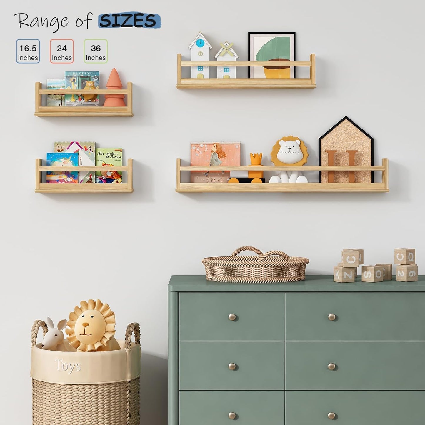 Upgraded Wooden Wall Bookshelf for Kids Books, Large Nursery Floating Shelves for Kids Bedroom, Natural Wood Wall Bookshelves for Teens Toddlers Living Room Decor (36 Inch Long 3-Pack)