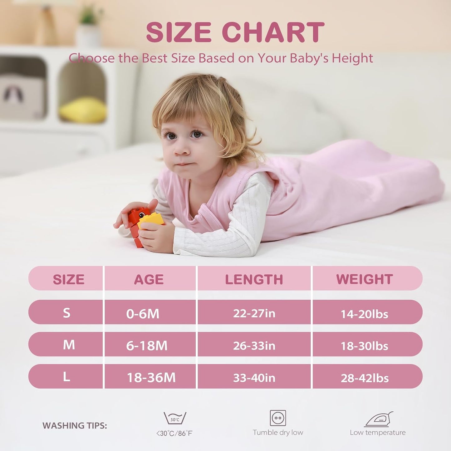 Mosebears Unisex Baby Sleep Sack 1.0 TOG, Supersoft Rayon Made from Bamboo Wearable Blanket with 2-Way Zipper (Blush,0-6 Months)