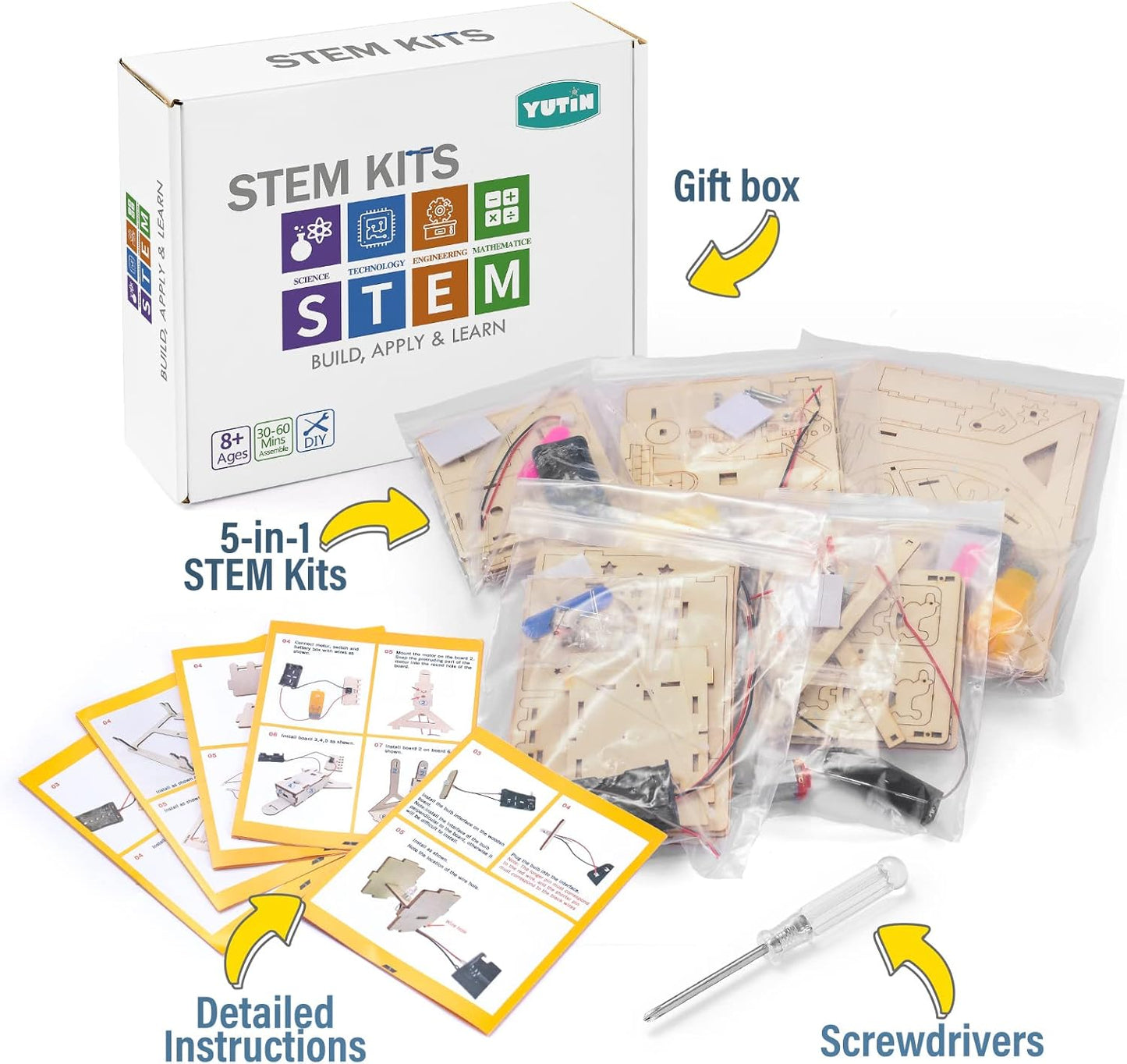 Yutin 5 Individual STEM Science Kits for Kids, Wood Arts and Craft Kits, STEM Toys for Boys Girls Age 8-12 5-7 8 10 12 13 14 Gift Idea, 3D Puzzles Building Engineering Model Set