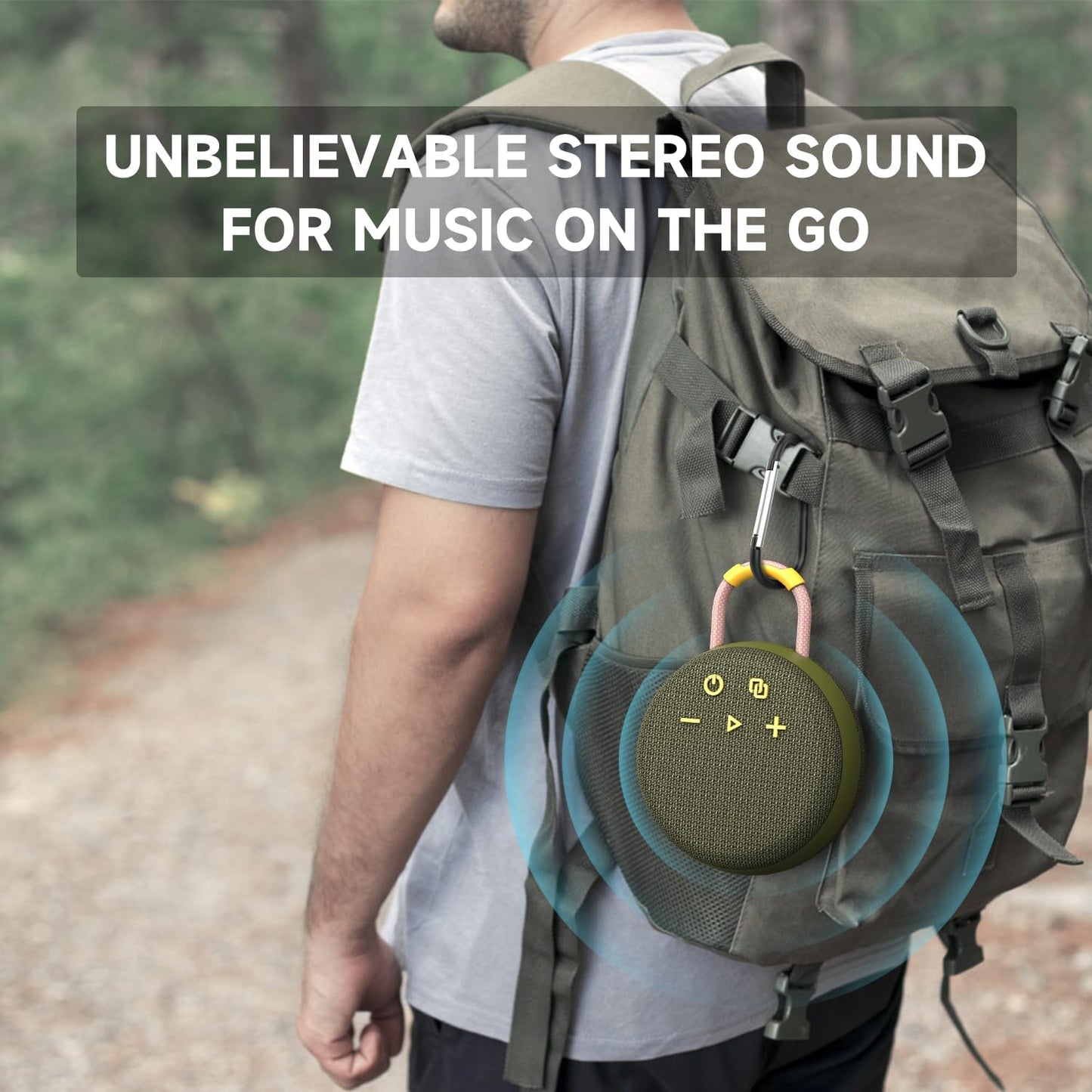 MusiBaby Rugged Mini Clip-On Speaker – BT 5.3, Waterproof Build, Shock-Resistant Rubber Shell, Great for Camping Packs, College Study Corners, or Travel Bags (Green)