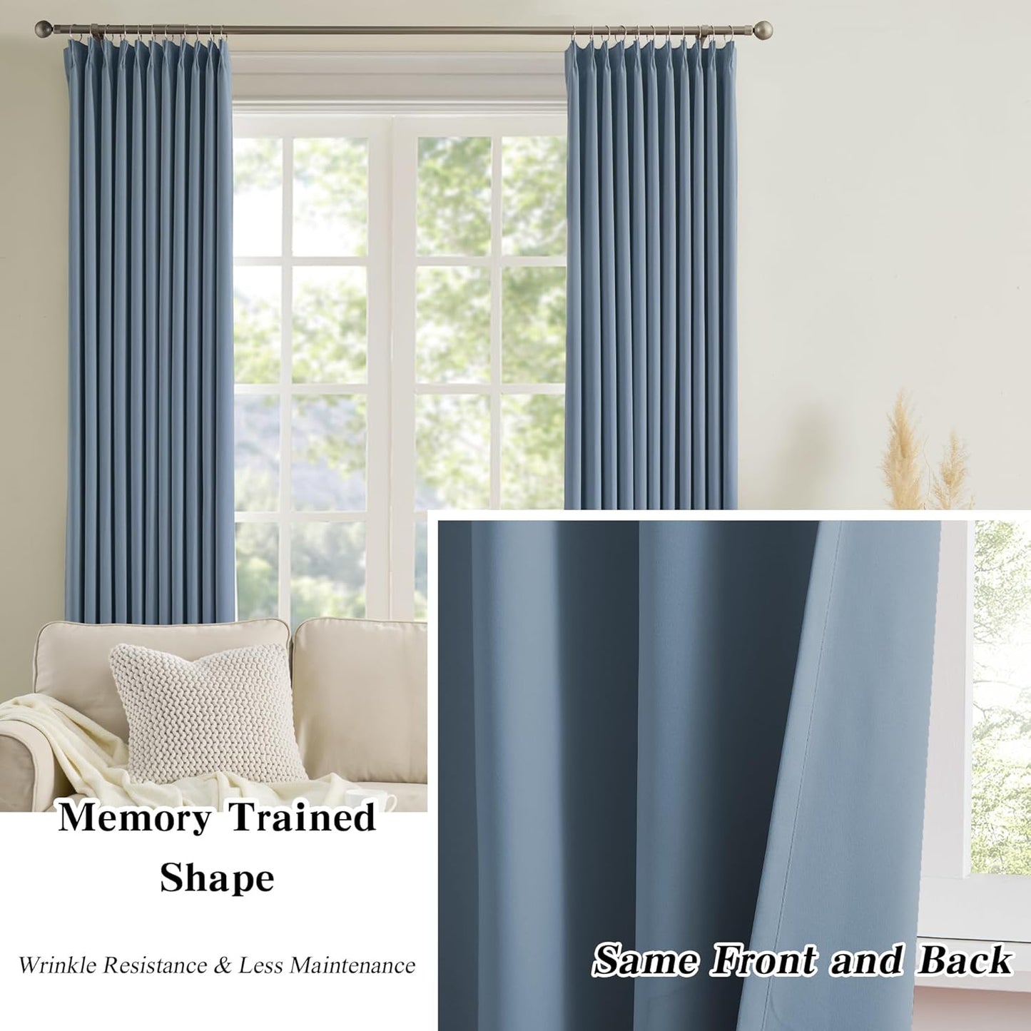 KEQIAOSUOCAI Dusty Blue Pinch Pleated Curtains 150 Inches Long Room Darkening Draperies Luxury Decor for Living Room Nursery (Stone Slate Blue 40x150 Inch 2 Panels)