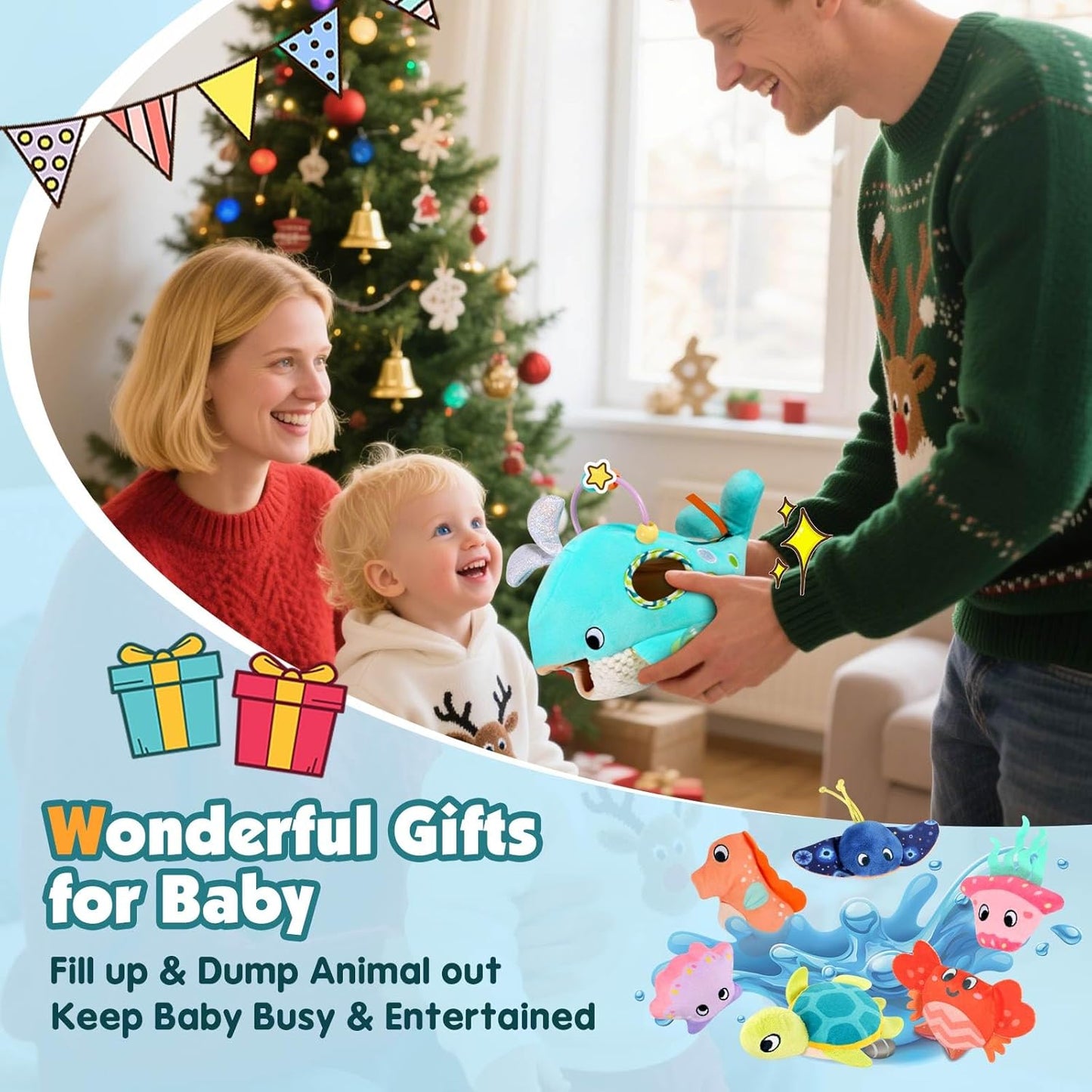 Baby Toys 6-12 Months - Soft Ocean Adventure Toy with Rattle, Crinkle Paper, Squeaker, Mirror - Baby Sensory Toys for 6+ Month Old Developmental, Montessori Toys for 1 Year Old Boy Girl Gifts