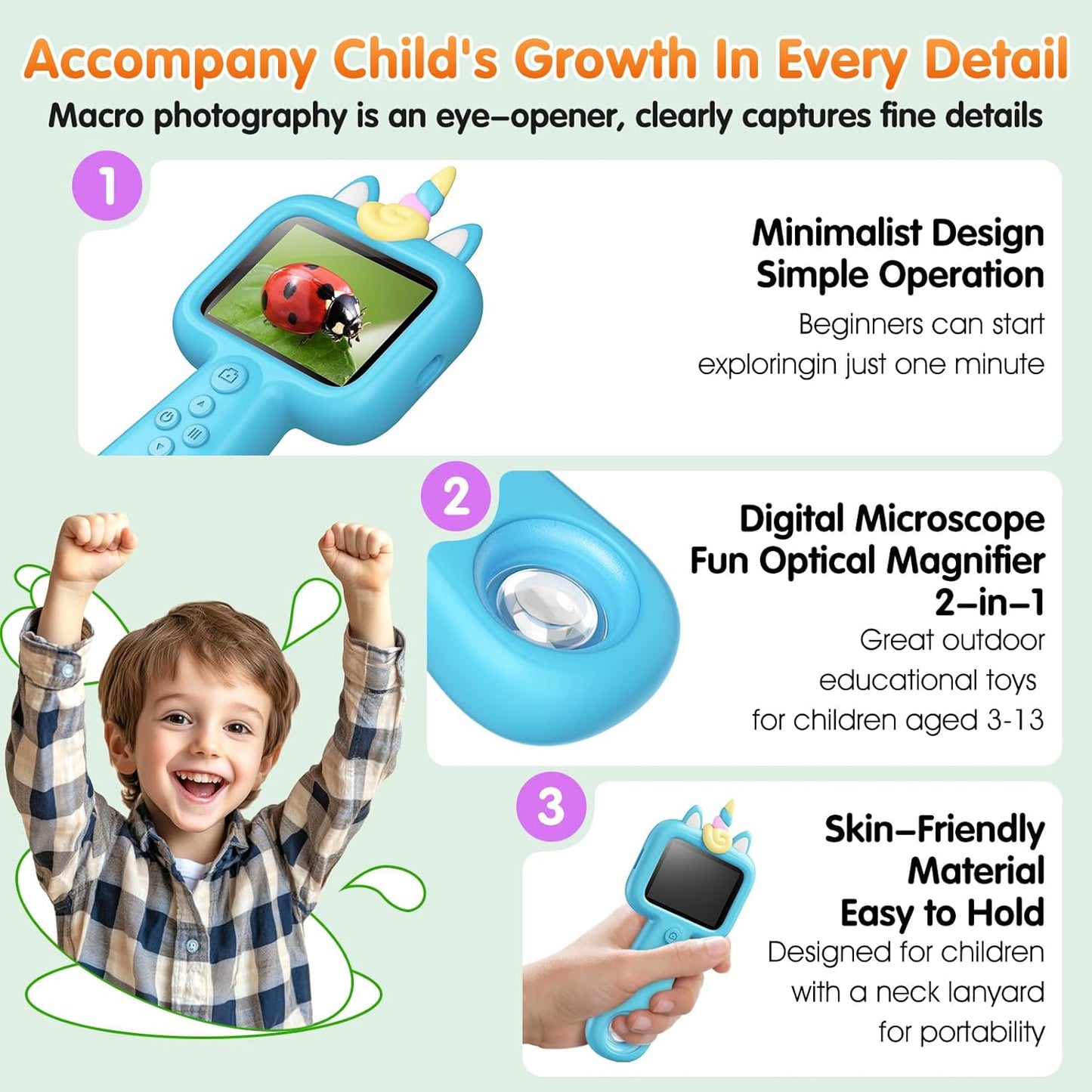 Pocket Microscope for Kids, 2.4" Screen 600X Portable Digital Microscope Handheld, STEM Educational Science Kit Toys for Age 3 4 5 6 7 8 9 10 11 12 13 Years Old Kids Christmas Birthday Gifts