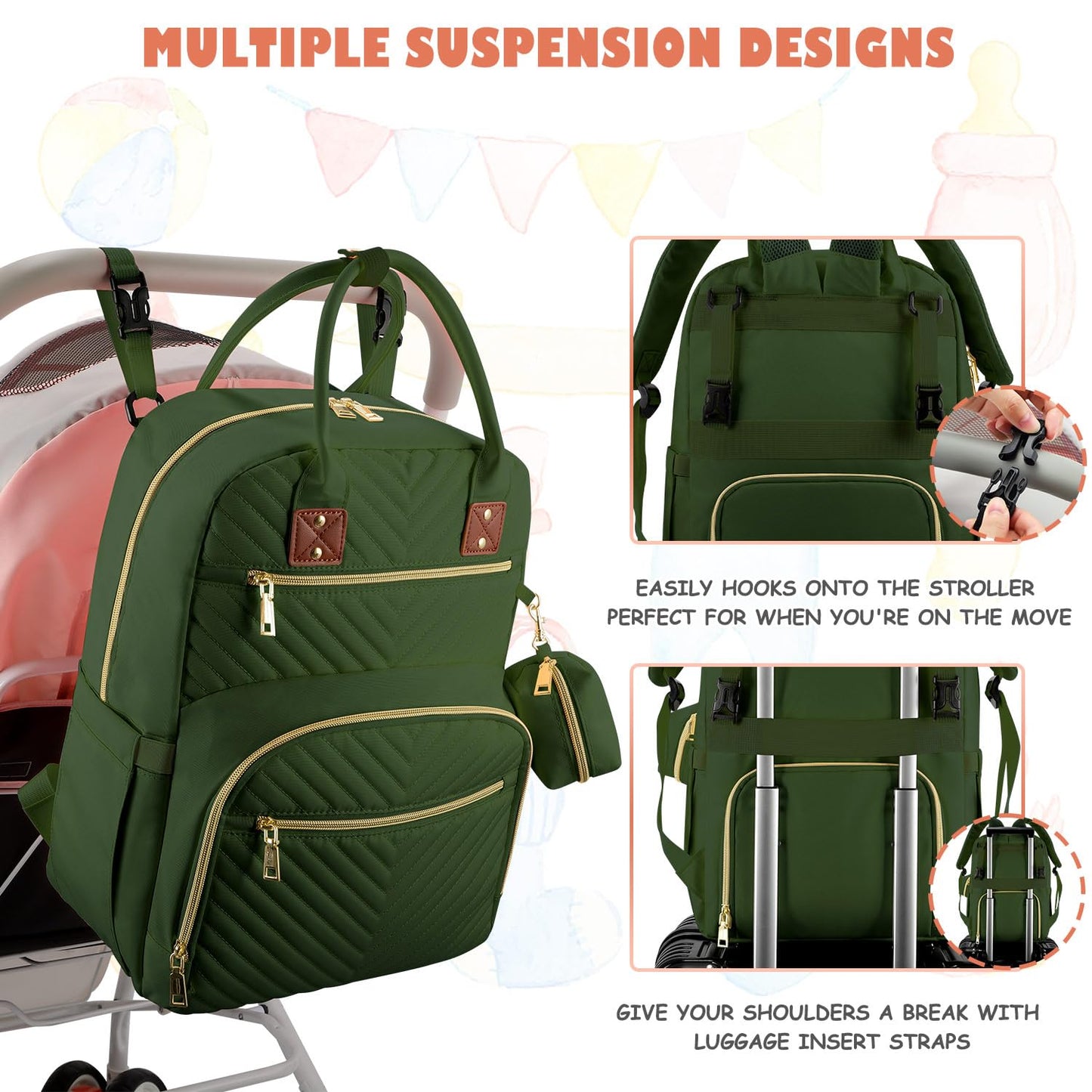 Baby Diaper Bag Backpack, Travel Diaper Bags for Girl Boy Large Capacity Baby Bag Backpack for Women Army Green