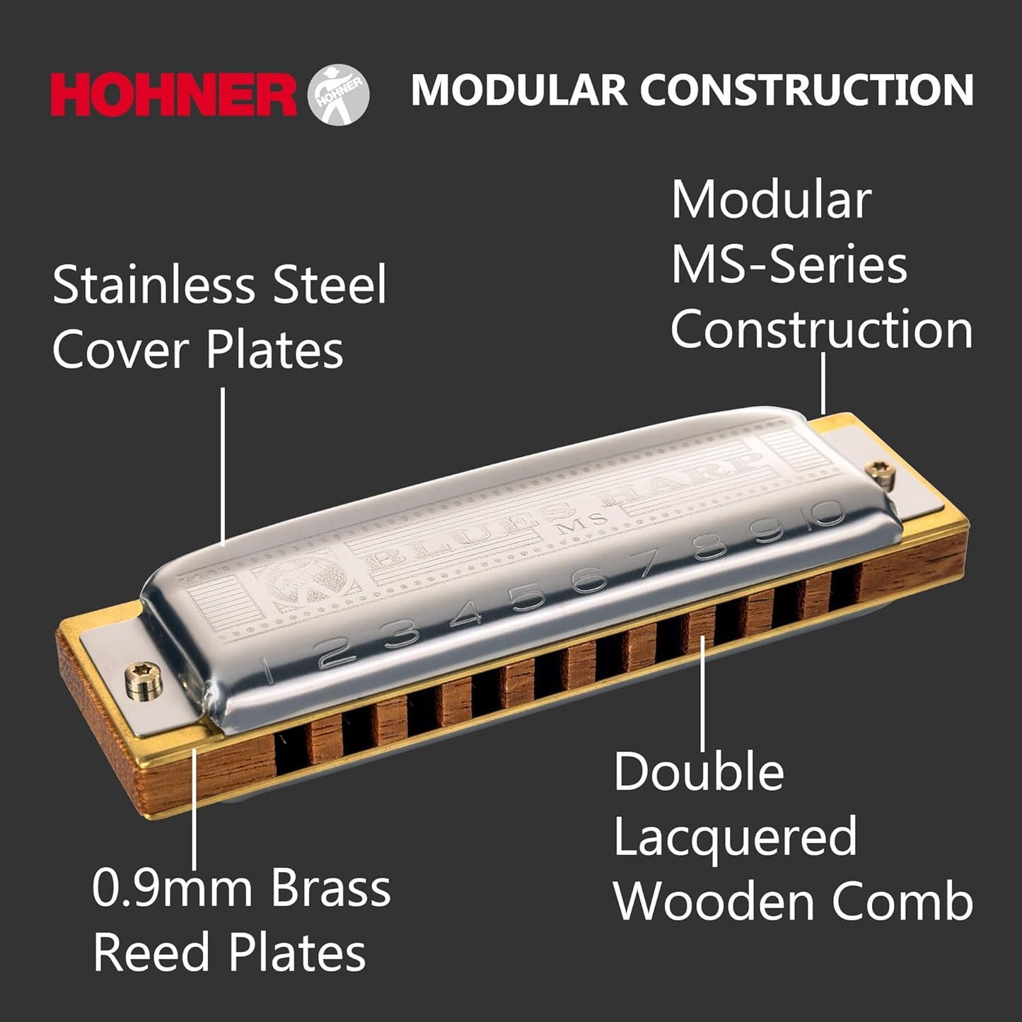 Hohner 532 Blues Harp MS Harmonica - Key of C Bundle with Case, Pouch, Austin Bazaar Online Manual, and Polishing Cloth