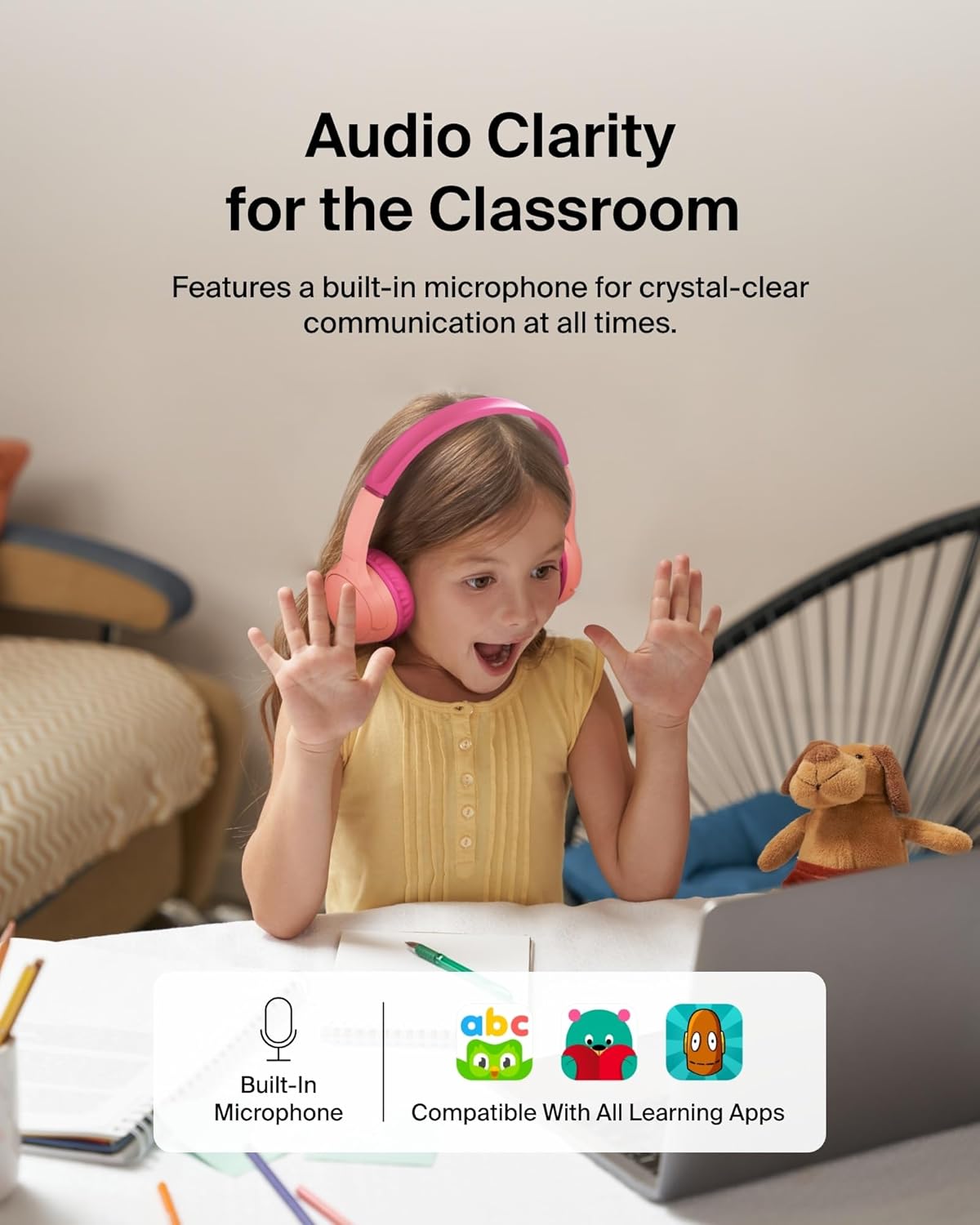 Belkin SoundForm Mini w/Case - Wireless Bluetooth Kids Headphones with 30H Battery Life, 85dB Safe Volume Limit, Built-in Microphone - Kids On-Ear Earphones for iPhone, iPad, & More - Pink