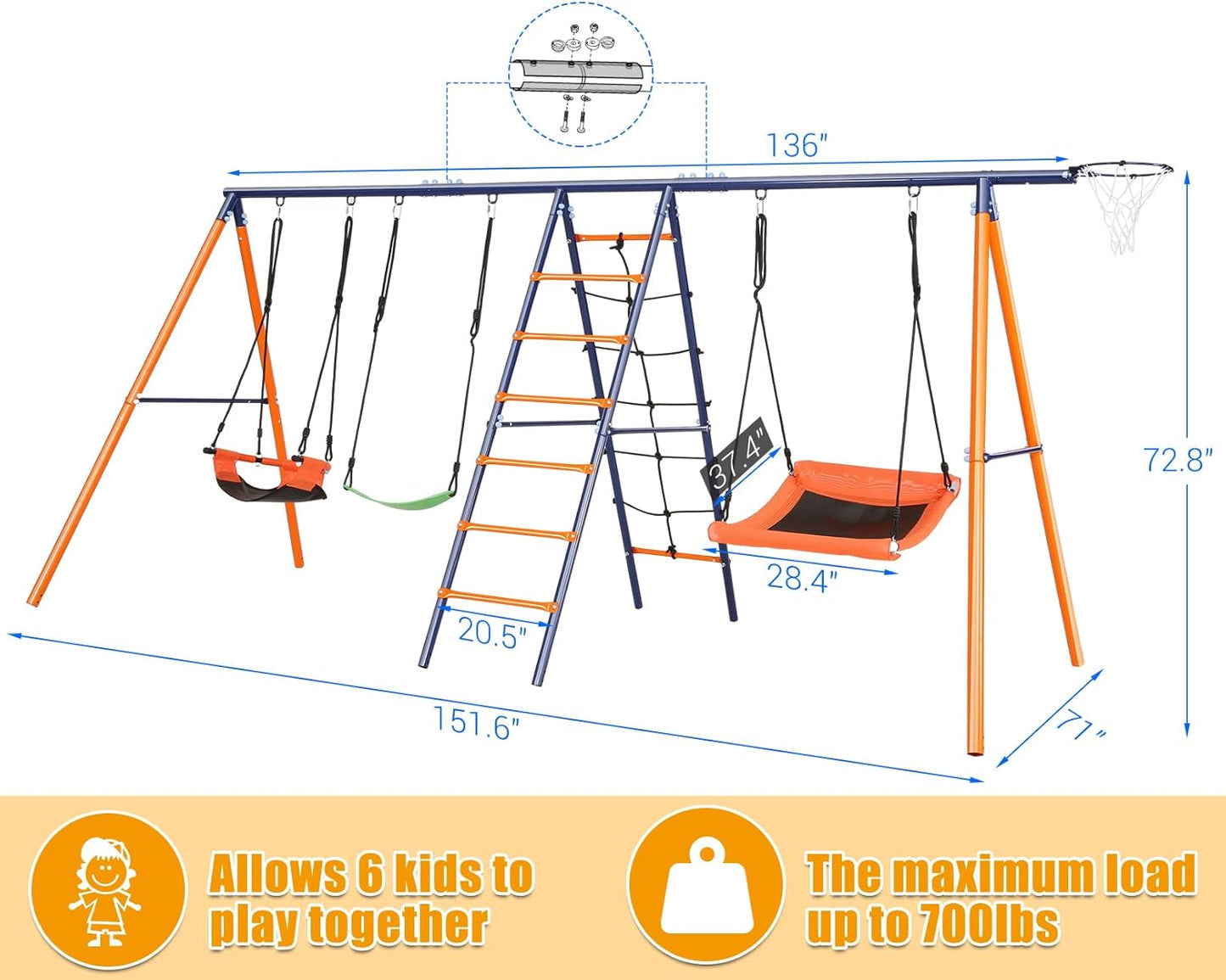Swing Sets for Backyard 3 Seats - 6 in 1 Swing Set Outdoor for Kids, Extra Large Heavy Duty Metal Swing Frame with 3 Adjustable Swings, Climbing Ladder and Net, Basketball Hoop, Load 700 lbs