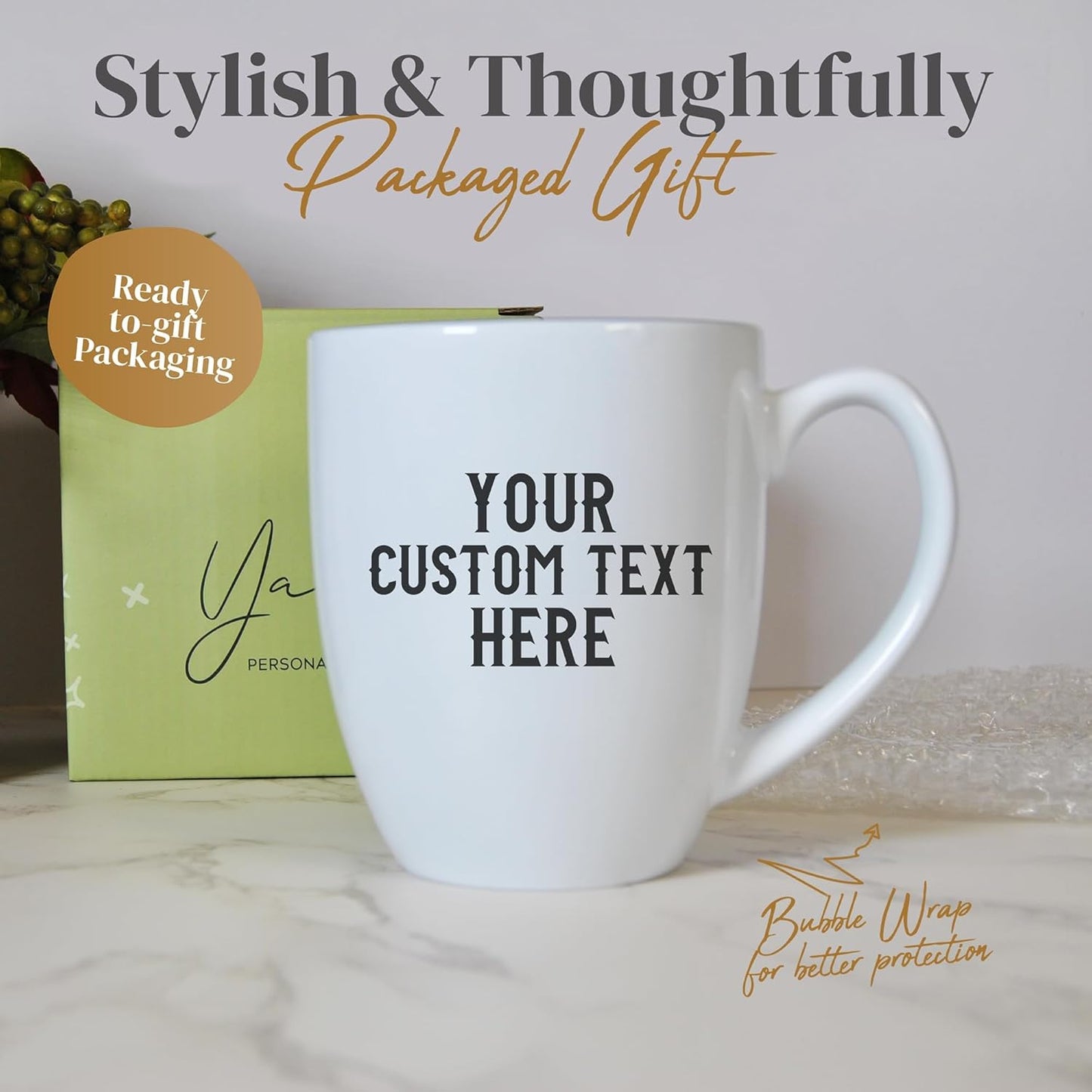Personalized Coffee Mug Engraved with your Custom Text - Customized Coffee Mugs, Hot Chocolate Mug, Tea Cup, Birthday Gifts, Retirement Gift (Engraved Custom Text, Glossy White)