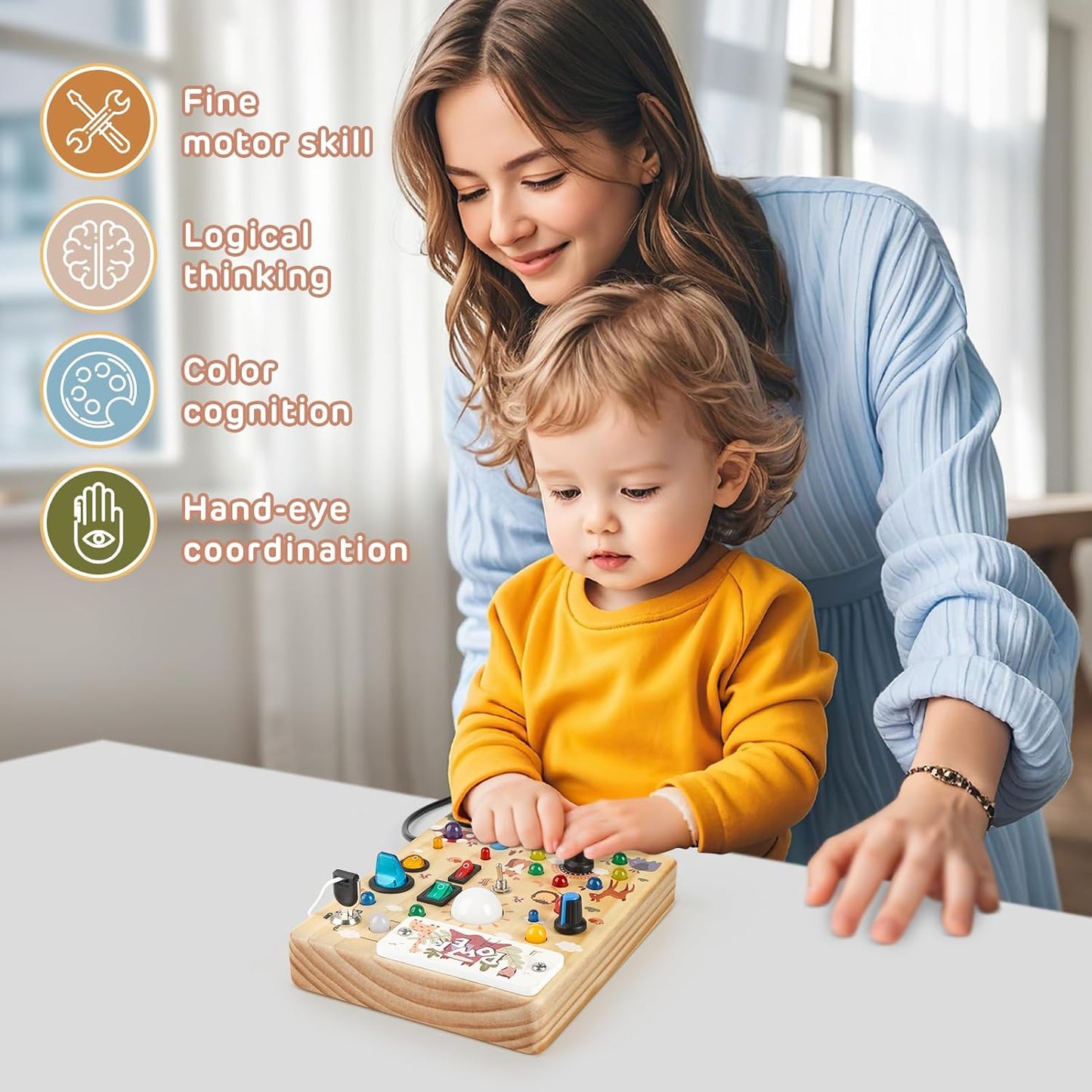 Joyreal Wooden Busy Board with LED Lights, Montessori Sensory Toys for Toddlers, Activity Fidget Board Travel Toys for Fine Motor Skills & Learning, Gifts for 1-3 Year Old Boys & Girls (Forest Theme)