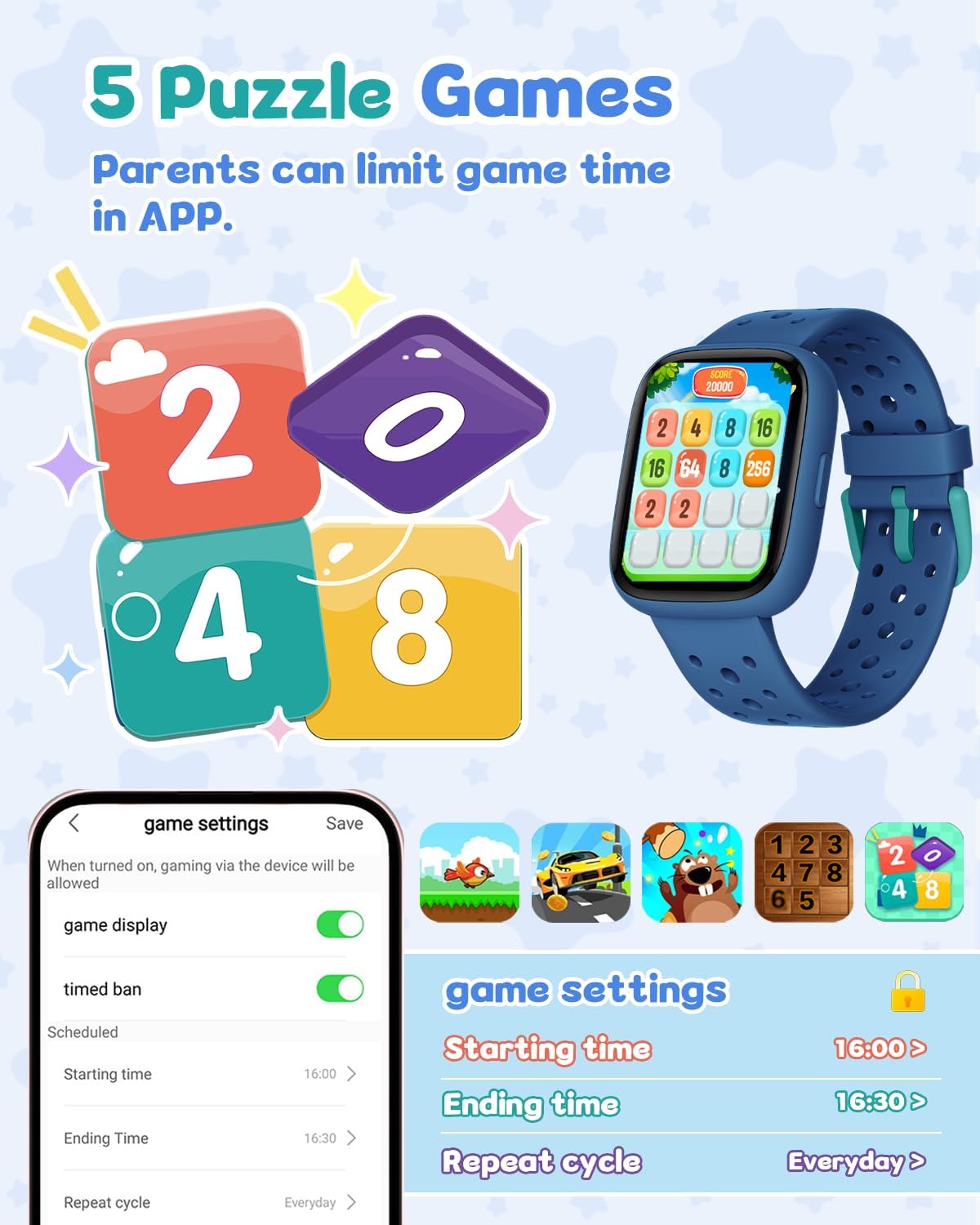 Kids Watch for Boys 5-12, Kids Smart Watch Fitness Tracker Pedometer, No Phone Needed, Puzzle Games with Parental Control, IP68 Waterproof, Heart Rate, Sleep Monitor, Step Counter, 80 Sports