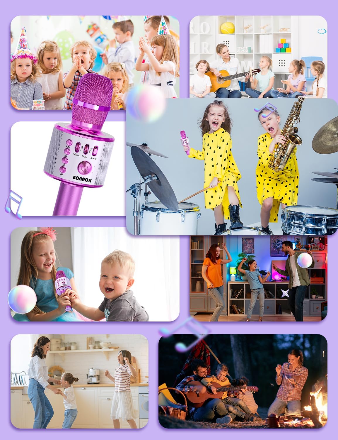 BONAOK Wireless Bluetooth Karaoke Microphone, Portable Toy Microphone for Singing, Gifts to Girls Boys Kids Adults All Age Q37(Bright Purple)