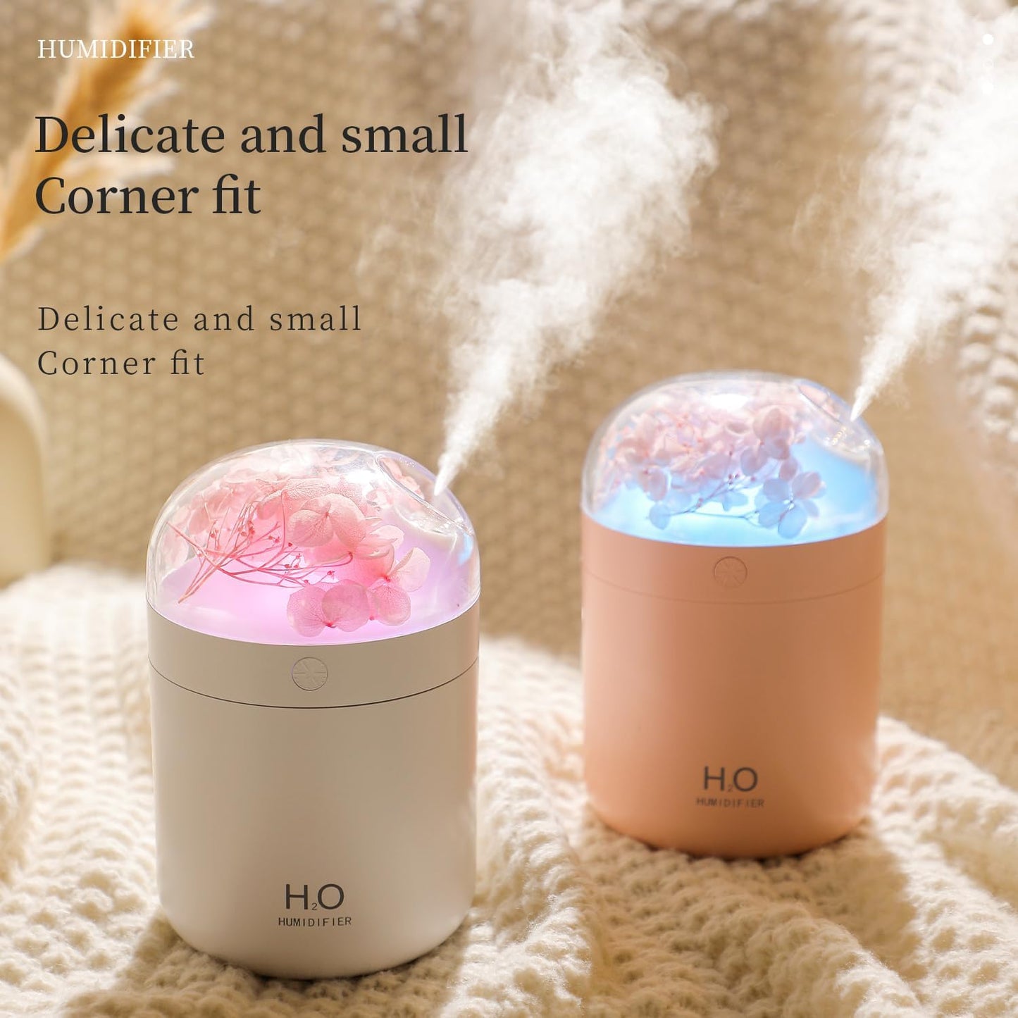 Portable Small Hydrangea Humidifiers for Bedroom Baby, Mini Cool Mist Plant Humidifier for Plants, Quiet Desktop Humidifier with 2 Working Modes & Colorful Night Light for Travel, Office, Bedroom
