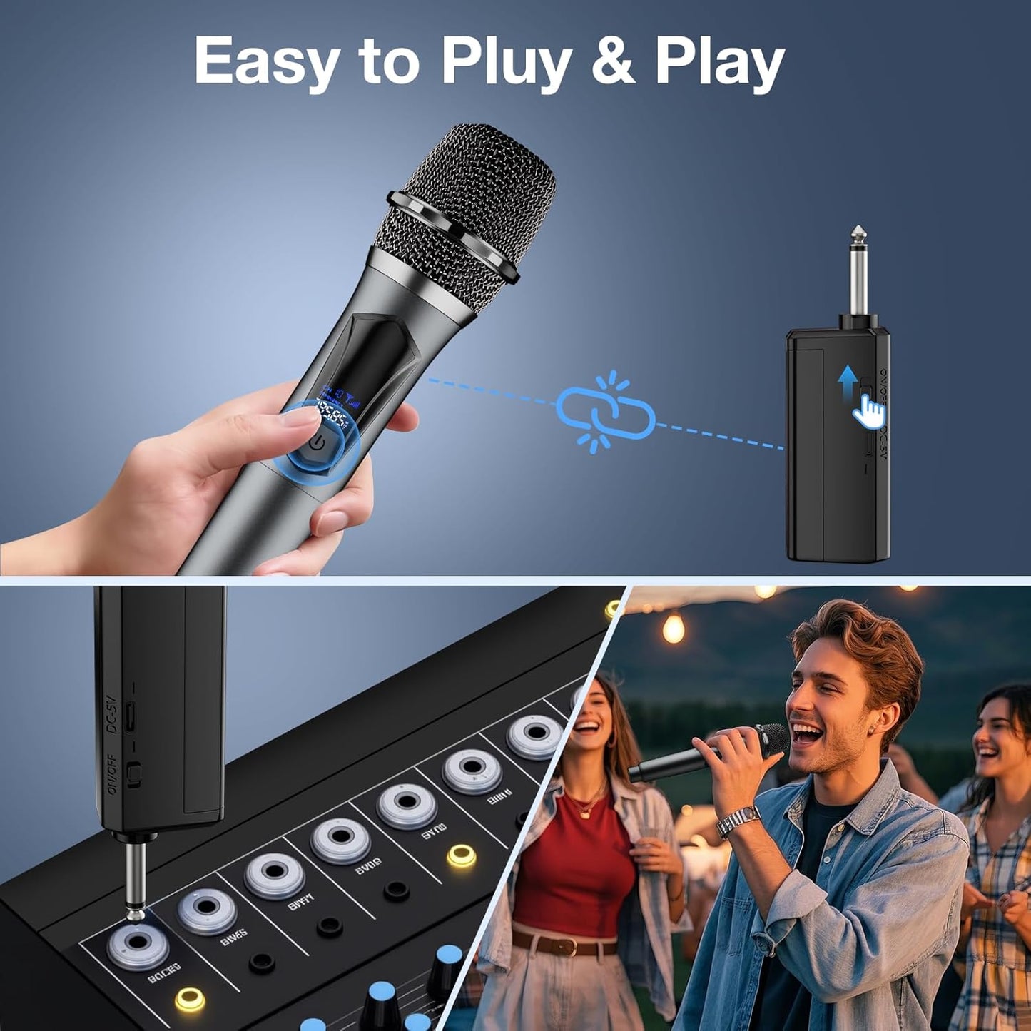 Wireless Microphone,Professional Dual Handheld Cordless Dynamic Mic System with Rechargeable Receiver,Karaoke Microphone Set for Singing, Karaoke, Wedding, DJ, Party, Speech,Church,Class Use,PA System
